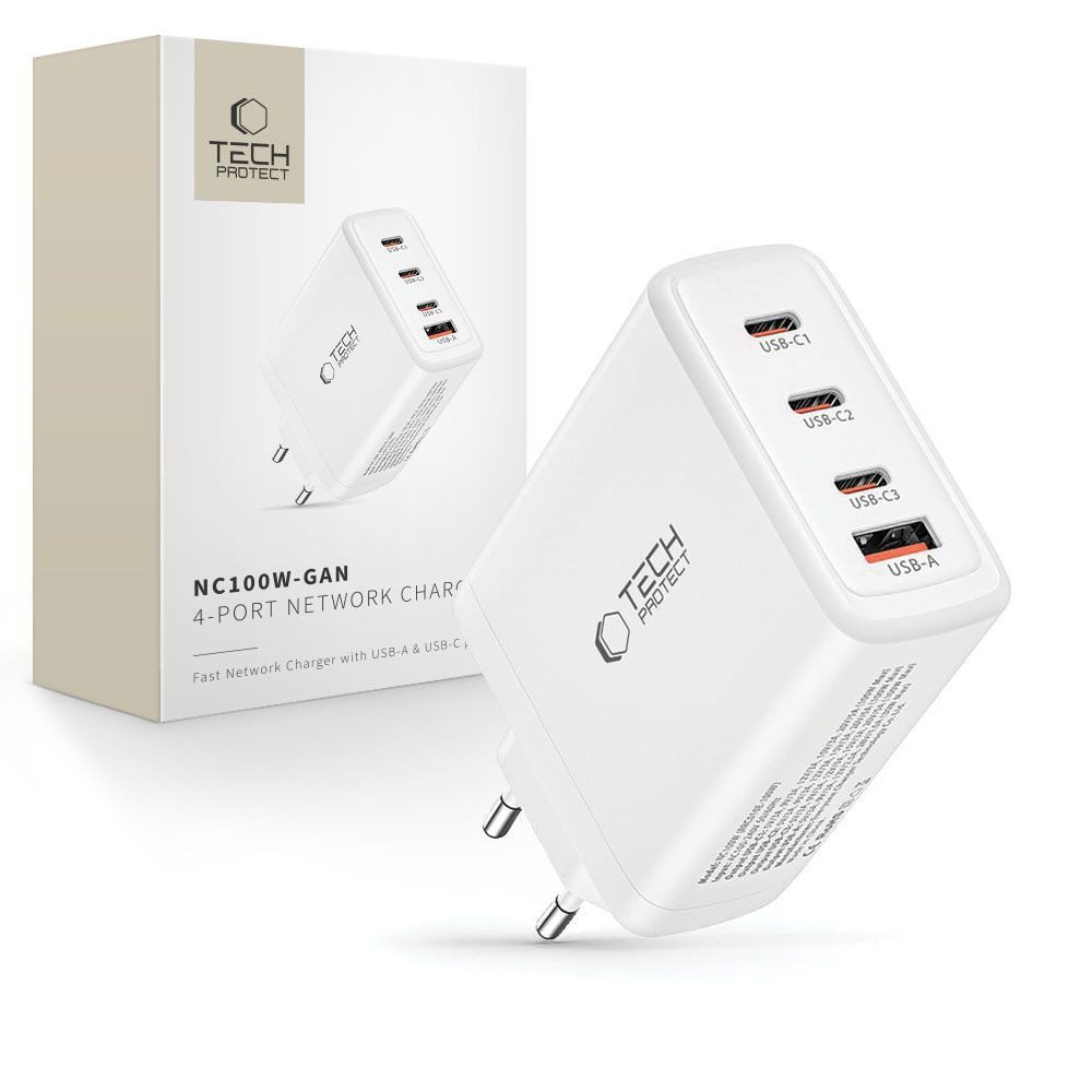 TECH PROTECT Tech-Protect NC100W GaN Ladegerät 3×USB-C PD + USB-A Weiß Smartphone-Ladegerät