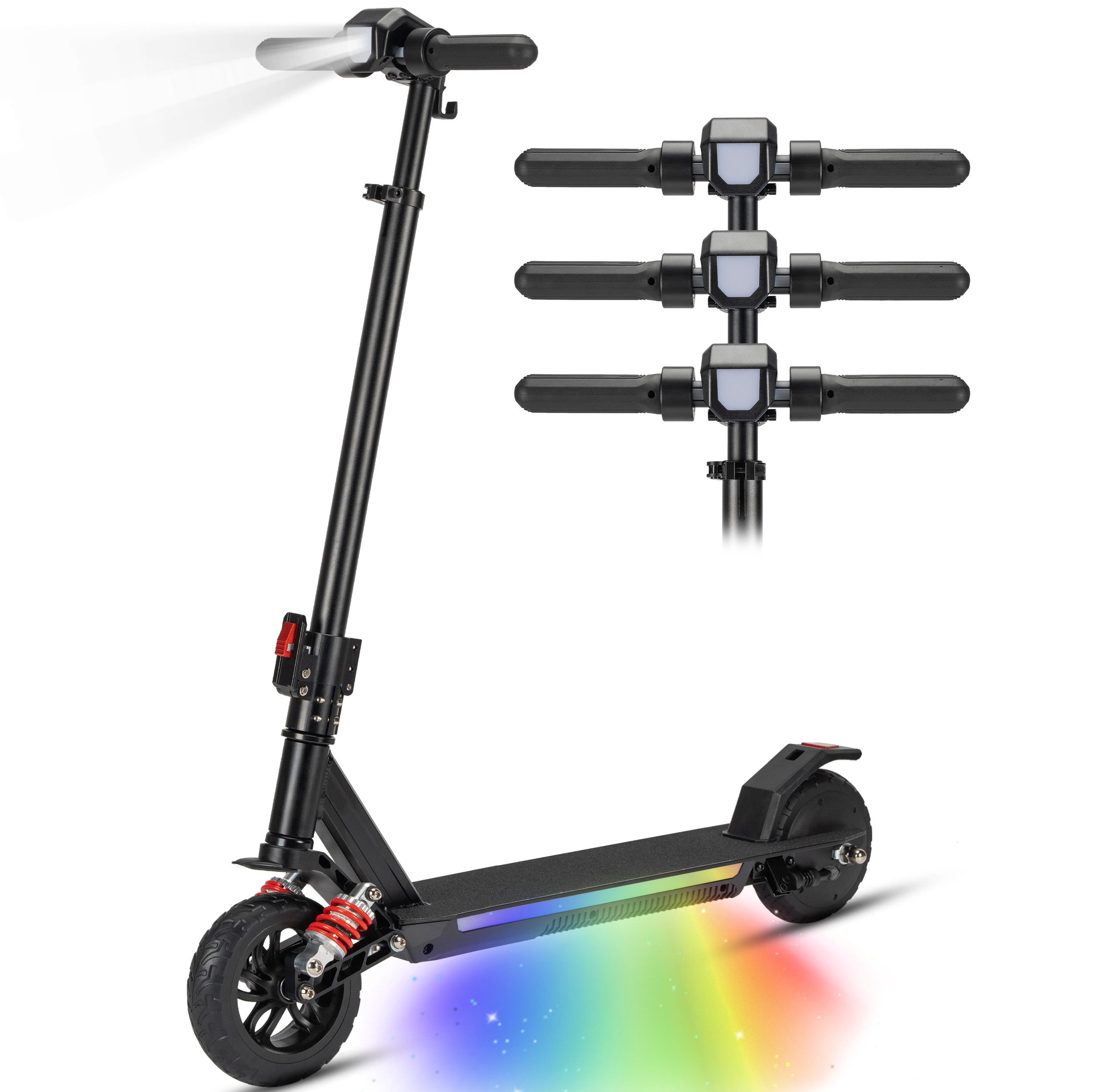Vankel Elektro-Kinderroller ab 10 Jahre, E scooter für Kinder, klappbar, 15km, höhenverstellbar, EBS+Fußbremse, LED-Display, farbiger Beleuchtung, mit Haken, Federung