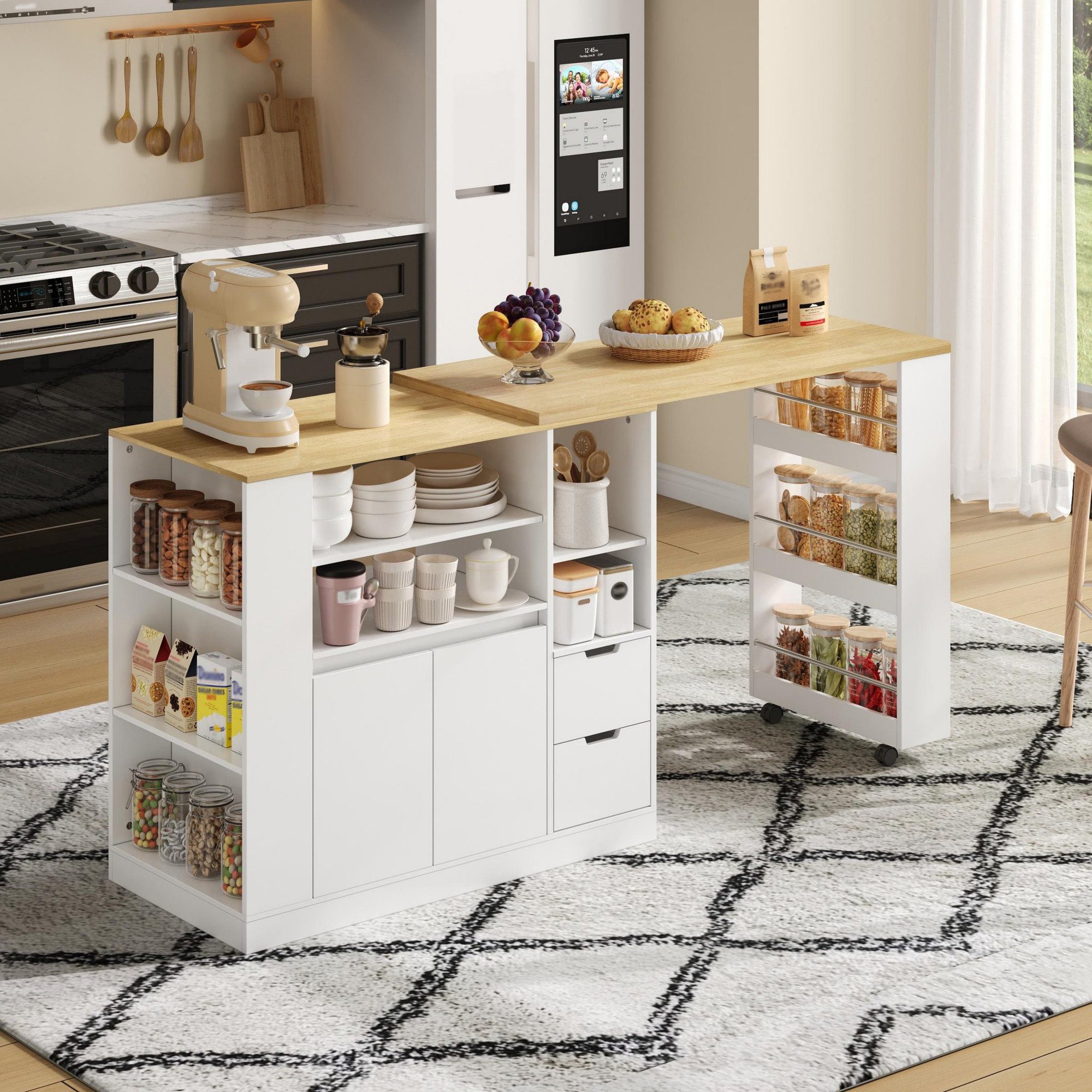 Odikalo Kücheninsel Sideboard Buffetschrank mit Arbeitsplatte Schublade Ablageregal, (Kücheninsel mit ausziehbarer Arbeitsplatte, 115 cm lange Aufbewahrungsinsel mit dreiseitigen Regalen und zwei Schubladen, Kaffeebar, ausziehbarer Esstisch aus Holz