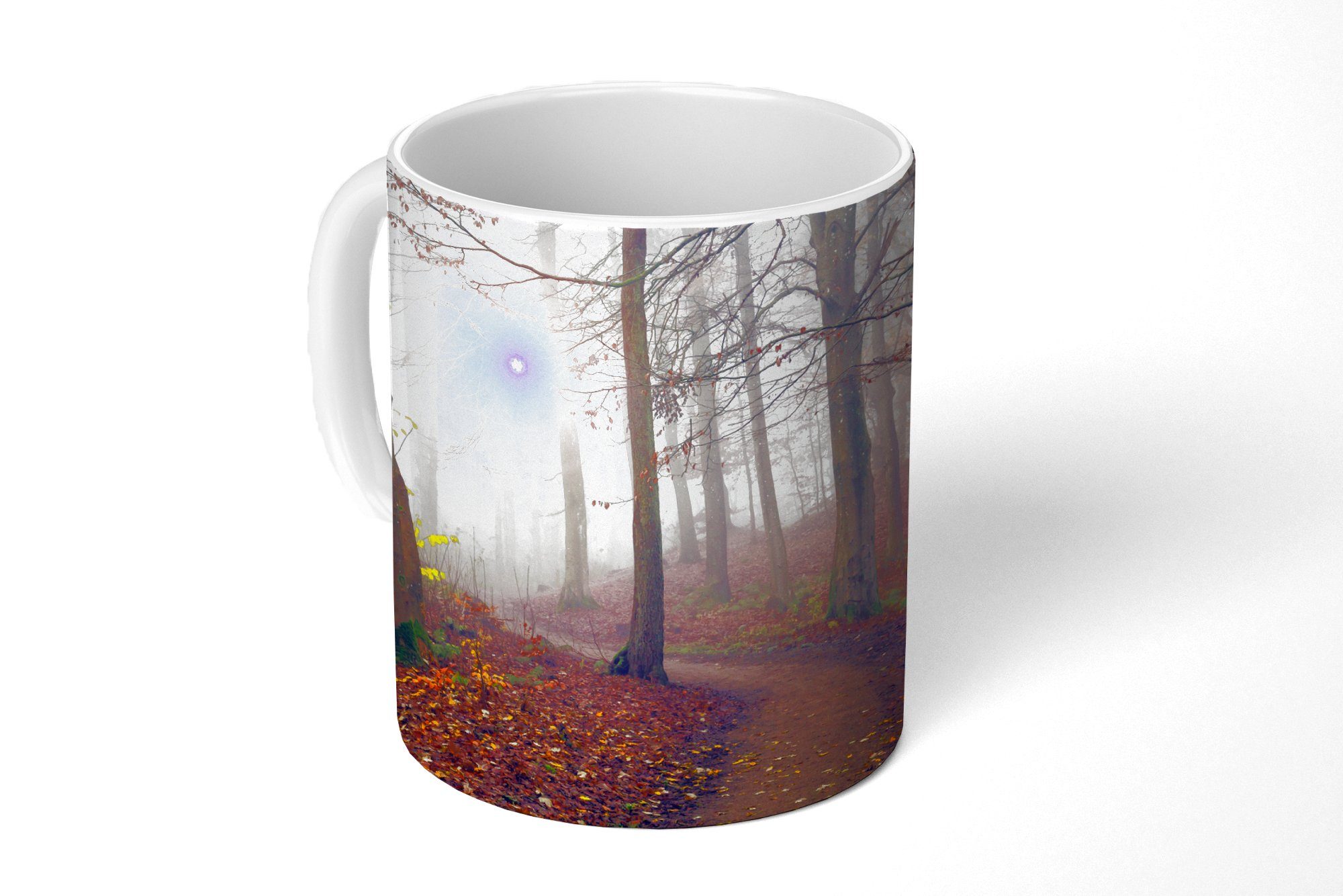 MuchoWow Tasse Waldweg - Herbst - Nebel - Bäume - Laub, Keramik, Kaffeetassen, Teetasse, Becher, Teetasse, Geschenk