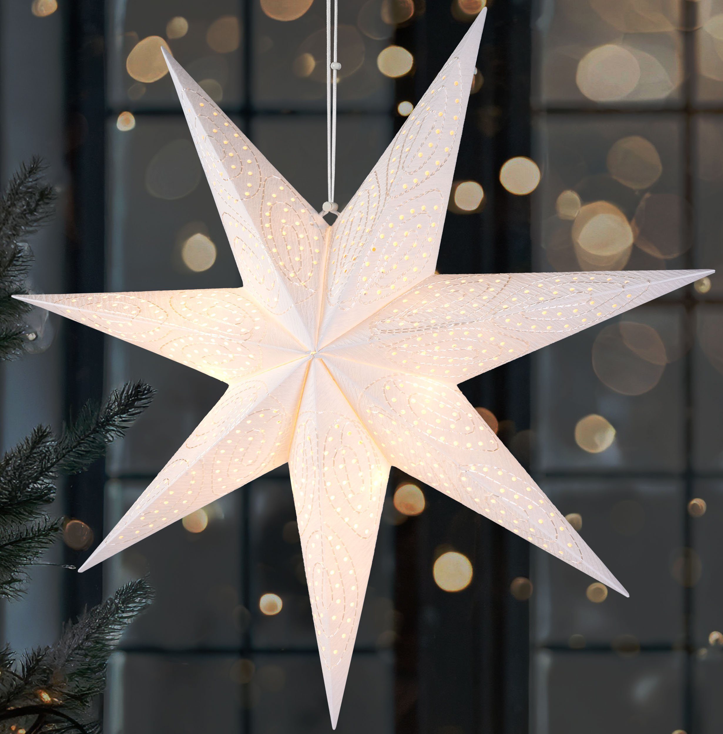 BRUBAKER LED Stern 60 cm Papier Weihnachtsstern zum Aufhängen - LED Adventsstern, Hängender Leuchtstern - Beleuchtbar mit Batterie, LED fest integriert, Warmweiß, Weihnachtsdeko für Fenster - 3D Papierstern mit Timer-Funktion