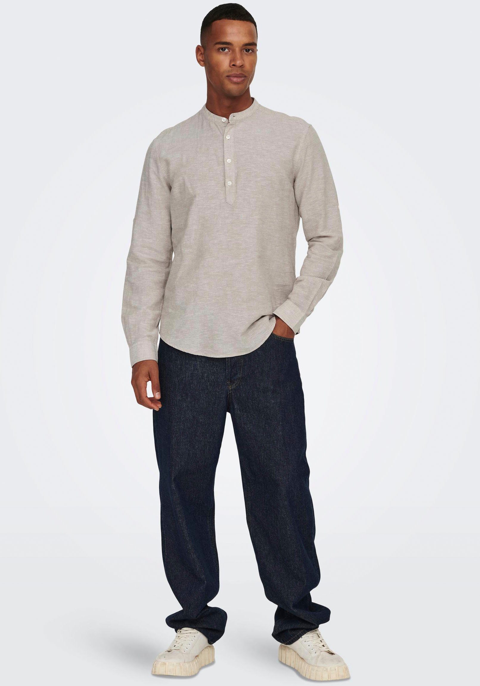 ONLY & SHIRT Langarmhemd HALFPLACKT LINEN LS ONSCAIDEN SONS Chinchilla