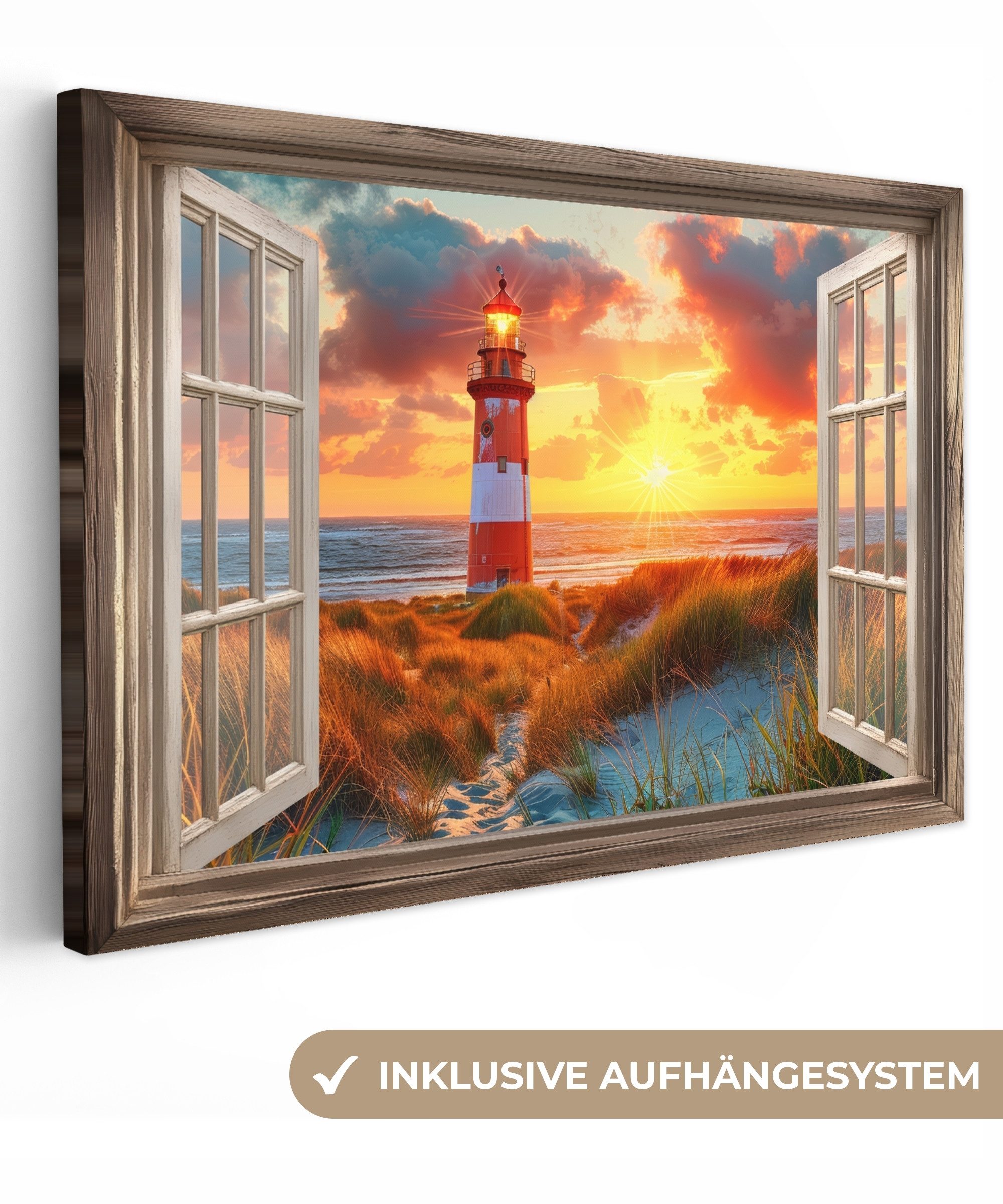 OneMillionCanvasses® Leinwandbild Aussicht - Fenster - Leuchtturm - Sonnenu günstig online kaufen