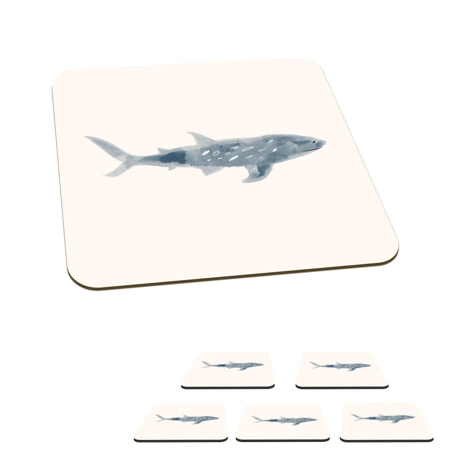 MuchoWow Glasuntersetzer Hai - Meer - Aquarell - Illustration, Zubehör für Gläser, 6-tlg., Glasuntersetzer, Tischuntersetzer, Korkuntersetzer, Untersetzer, Tasse