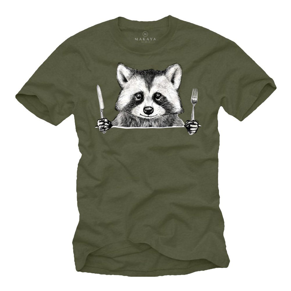 MAKAYA Print-Shirt Coole Tiermotive Waschbär Raccoon Essen Lustige Tiere Aufdruck Motiv Grün