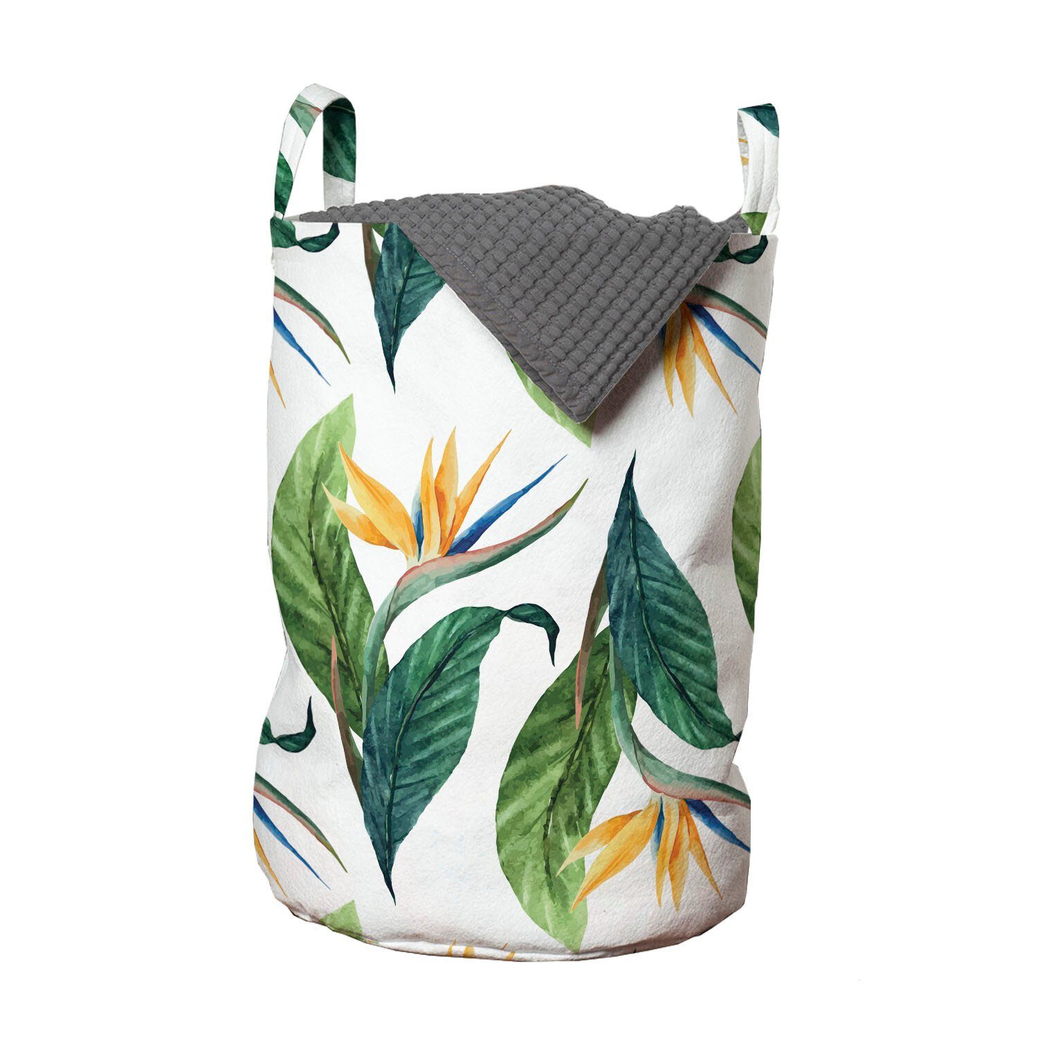 Abakuhaus Wäschesäckchen Wäschekorb mit Griffen Kordelzugverschluss für Waschsalons, Exotisch Paradiesvogel Blumen-Kunst