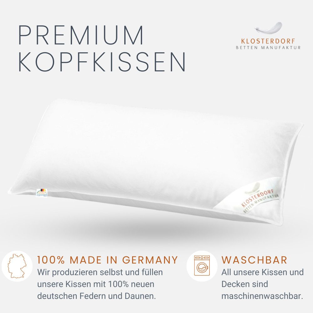 Klosterdorf Betten-Manufaktur 3-Kammer-Kopfkissen Premium Dreikammer Kopfkissen - 40x80 cm - 80x80 cm - funktionell -, Füllung: Daunenkissen Daunenkopfkissen, Seitenschläfer, Rückenschläfer, Für erholsamen und gesunden Schlaf, Inkl. Aufbewahrungstasche, 2-tlg., liebevolle Handarbeit aus unserem deutschen Familienbetrieb
