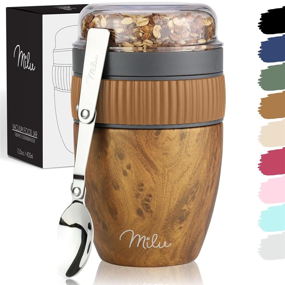 Milu Müslibox Müslibecher To Go Edelstahl 400 ml, isoliert, auslaufsicher, Müslimax Set