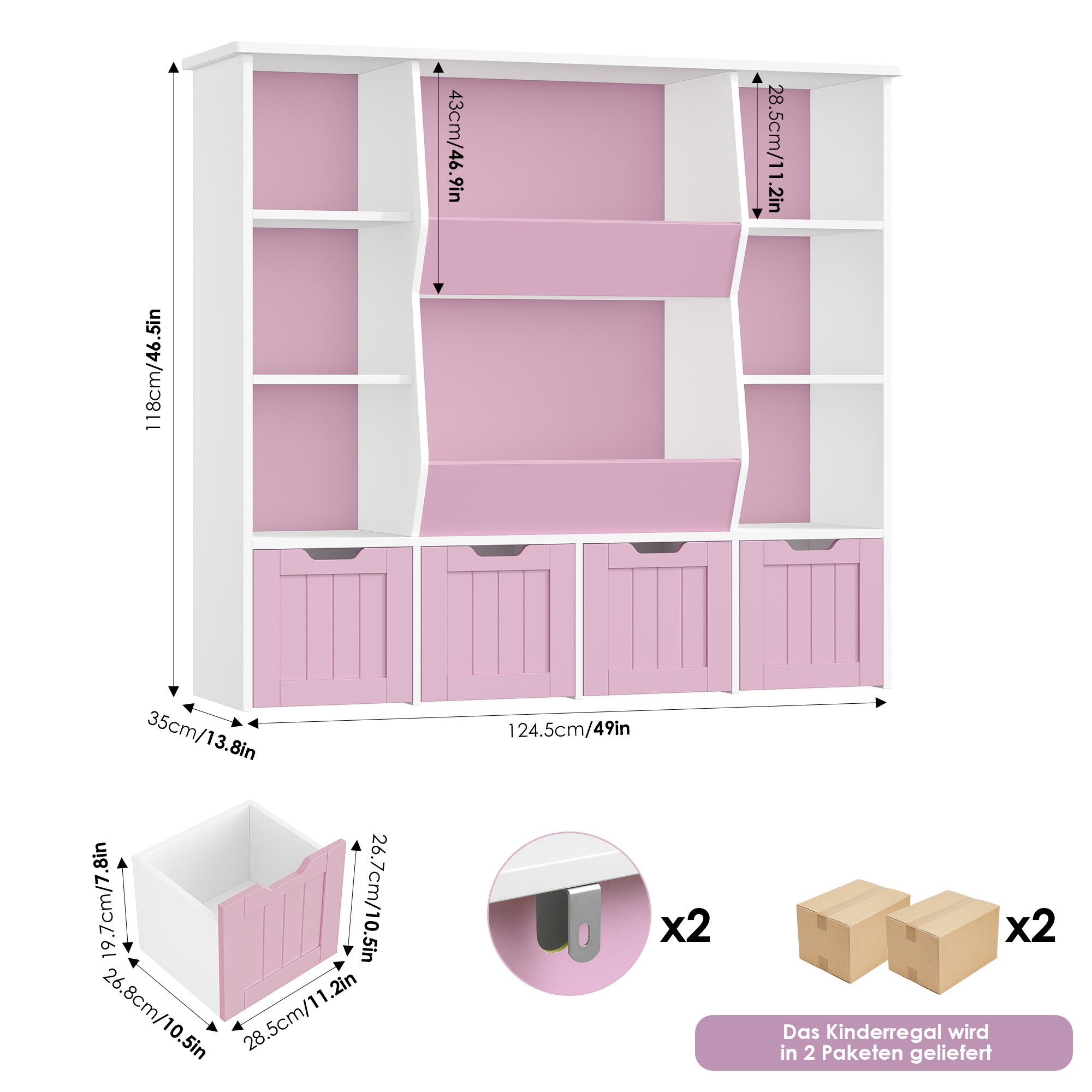 Homfa Kinderregal mit 4 Spielzeugkisten auf Rollen, Spielzeugregal mit 8 offenen Fächern Spielzeugtruhe 124.5x118x35cm – Bild 3 von 5