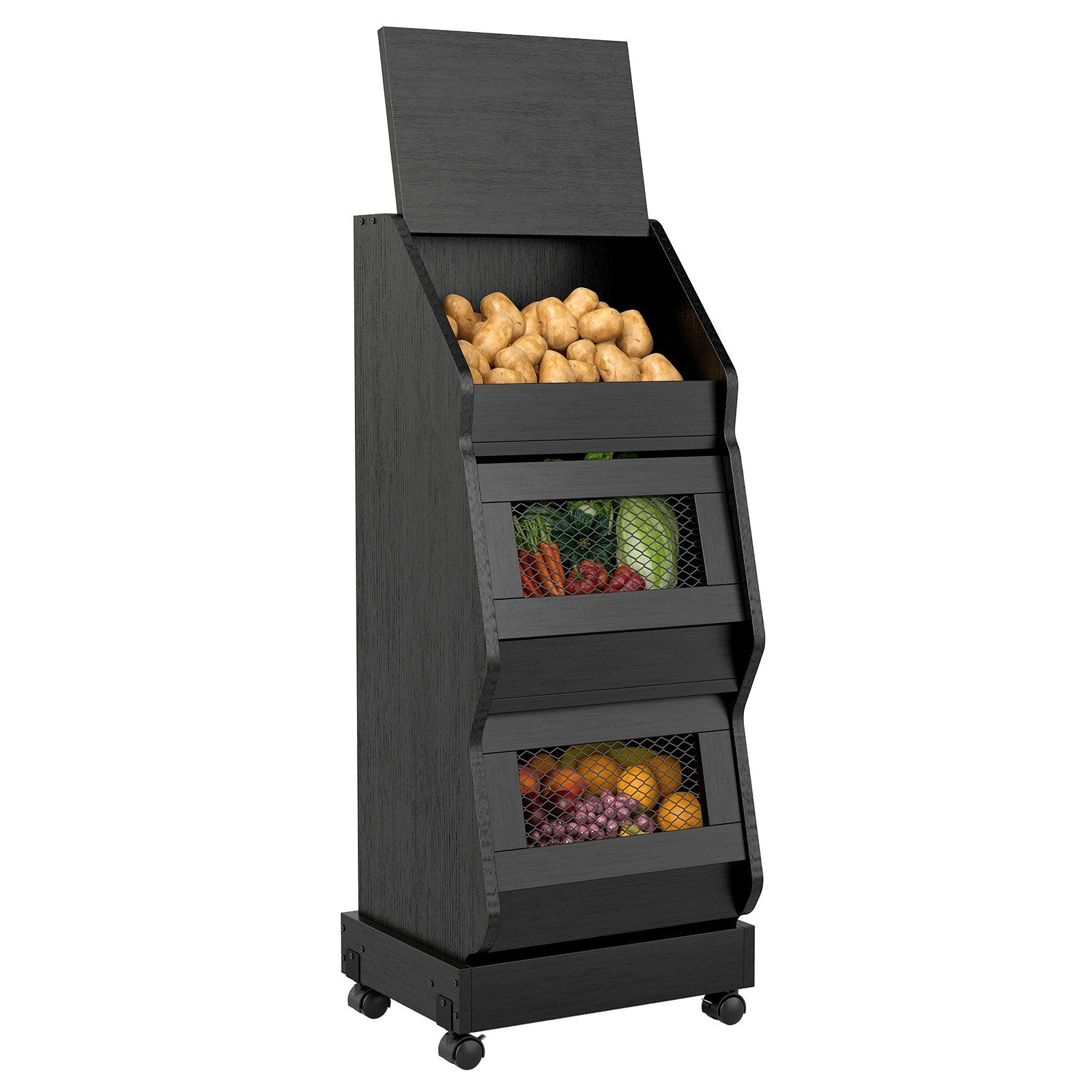 Puluomis Vorratsdose Vorratsdose Kartoffelbox, Gemüsebox mit Rollen, Kartoffelkiste, (Gemüsebehälter mit Belüftung und Brotfach, Aufbewahrung von Gemüse und Obst, Kartoffelbox braun schwarz)