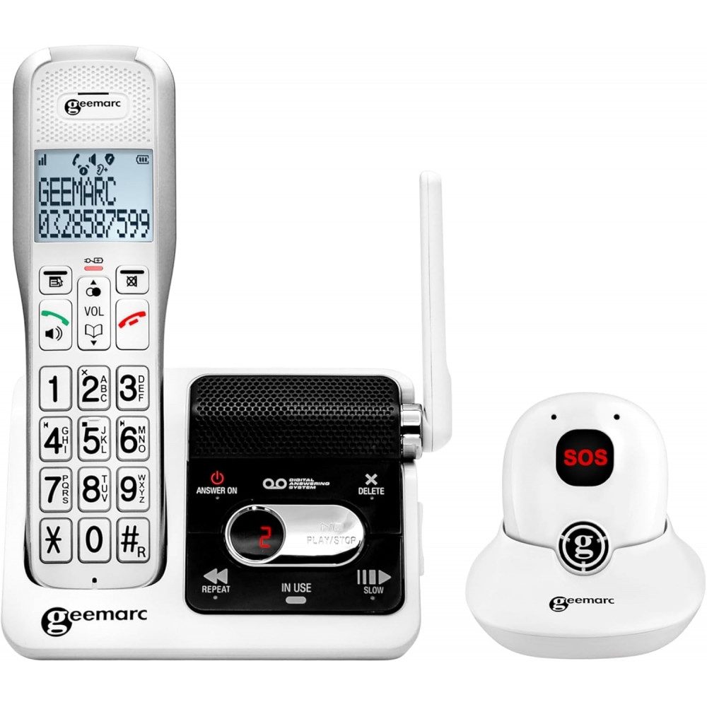 Geemarc AMPLIDECT 595 SOS-PRO Schnurlostelefon mit Notruf-DECT Anhänger weiß Schnurloses DECT-Telefon