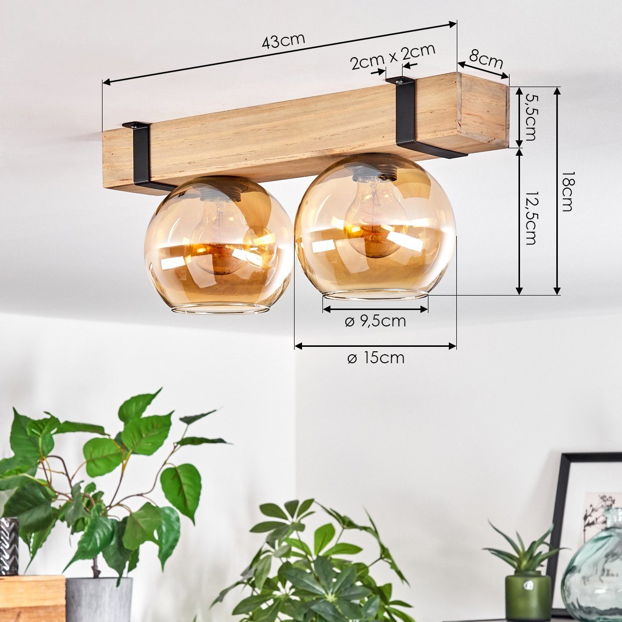 hofstein Schwarz/Natur/Bernsteinfarben, Leuchtmittel ohne Leuchtmittel, Ø15cm, Deckenleuchte ohne 2x Deckenlampe und Holzbalken in Metall/Holz/Glas aus Glasschrimen E27,