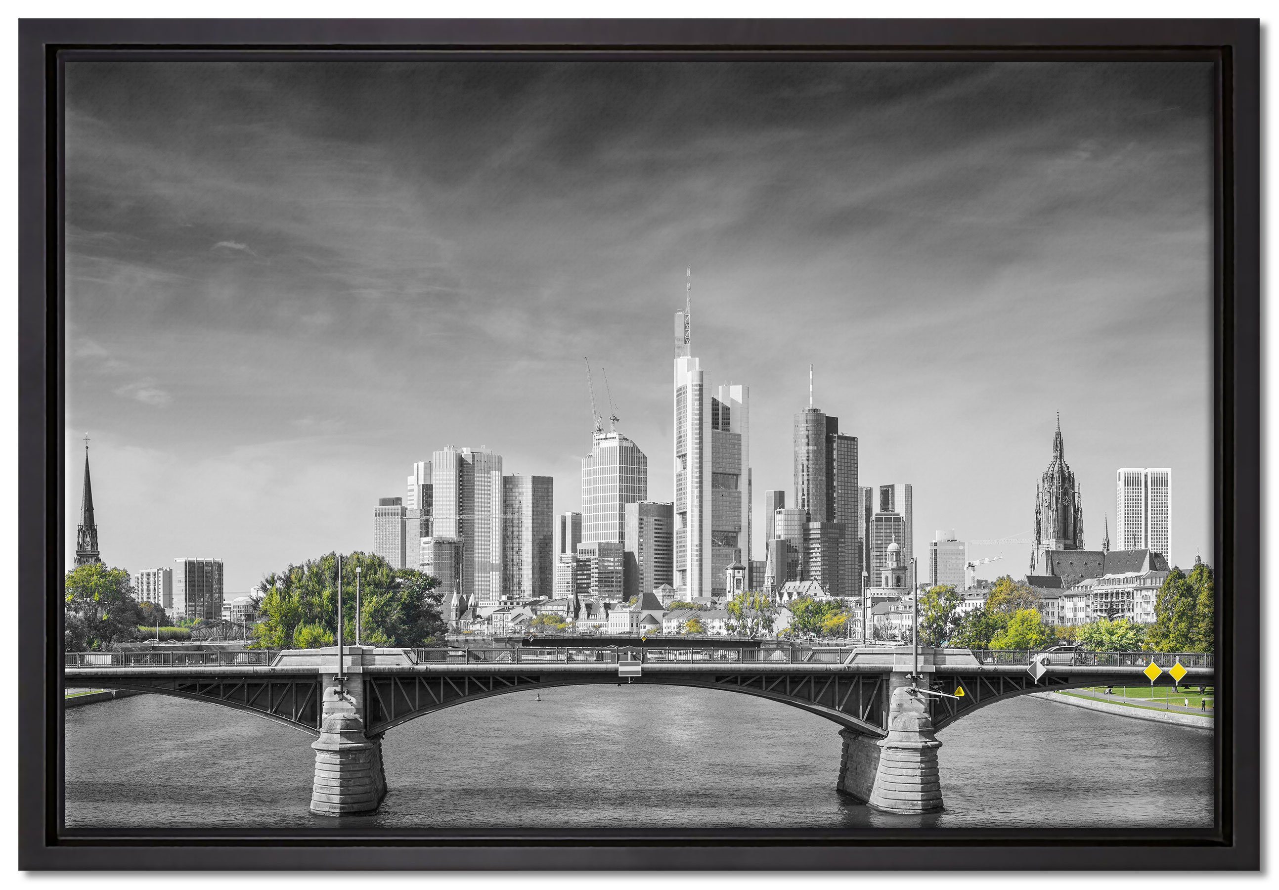Pixxprint Leinwandbild Skyline von Frankfurt am Main, Wanddekoration (1 St), Leinwandbild fertig bespannt, in einem Schattenfugen-Bilderrahmen gefasst, inkl. Zackenaufhänger | Leinwandbilder
