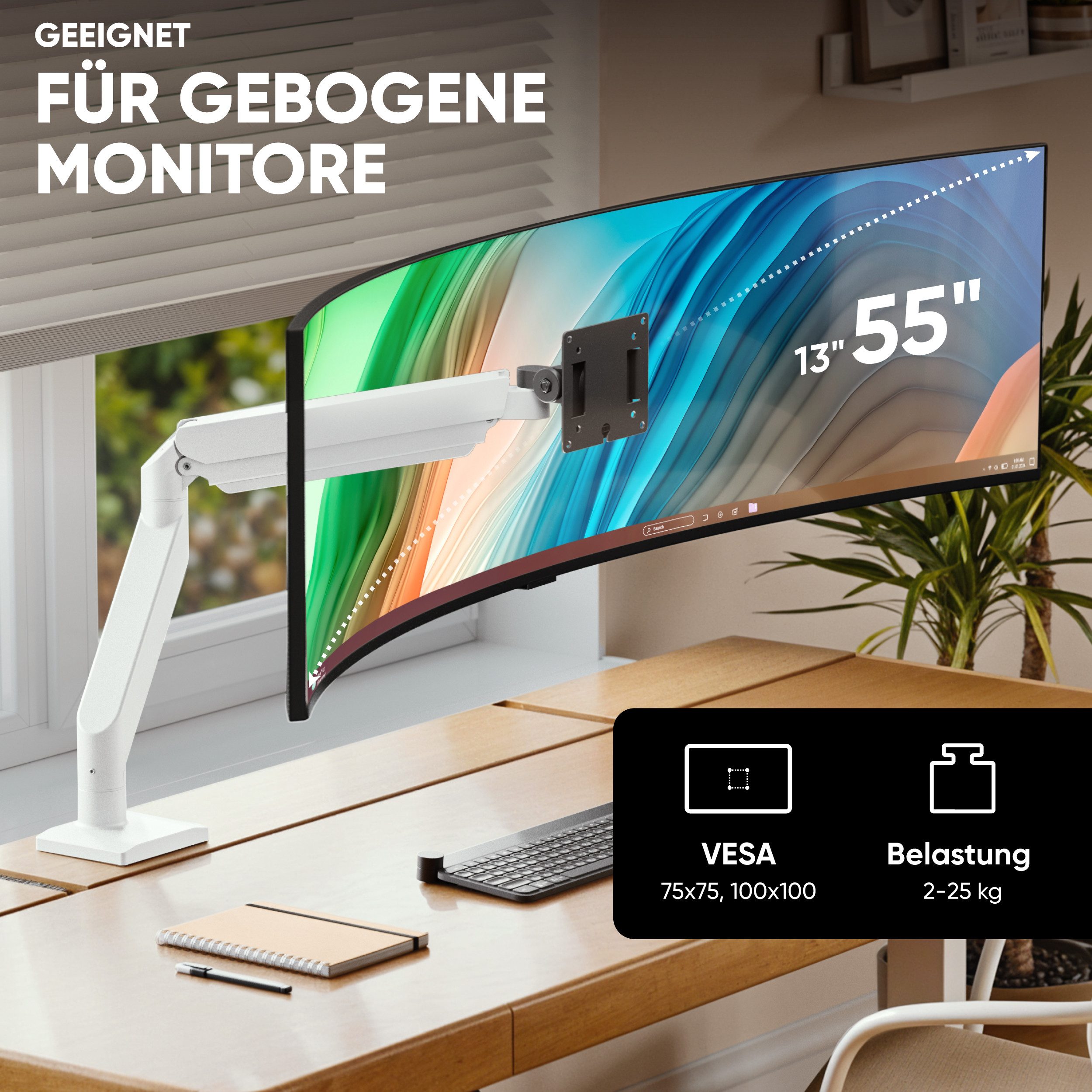 ONKRON Monitor-Halterung 13-55 Zoll, bis 25 kg, VESA 75x75-100x100, G110-BW, (bis 55 Zoll, neigbar, schwenkbar, drehbar, höhenverstellbar, Gasfeder, Kabelkanal)