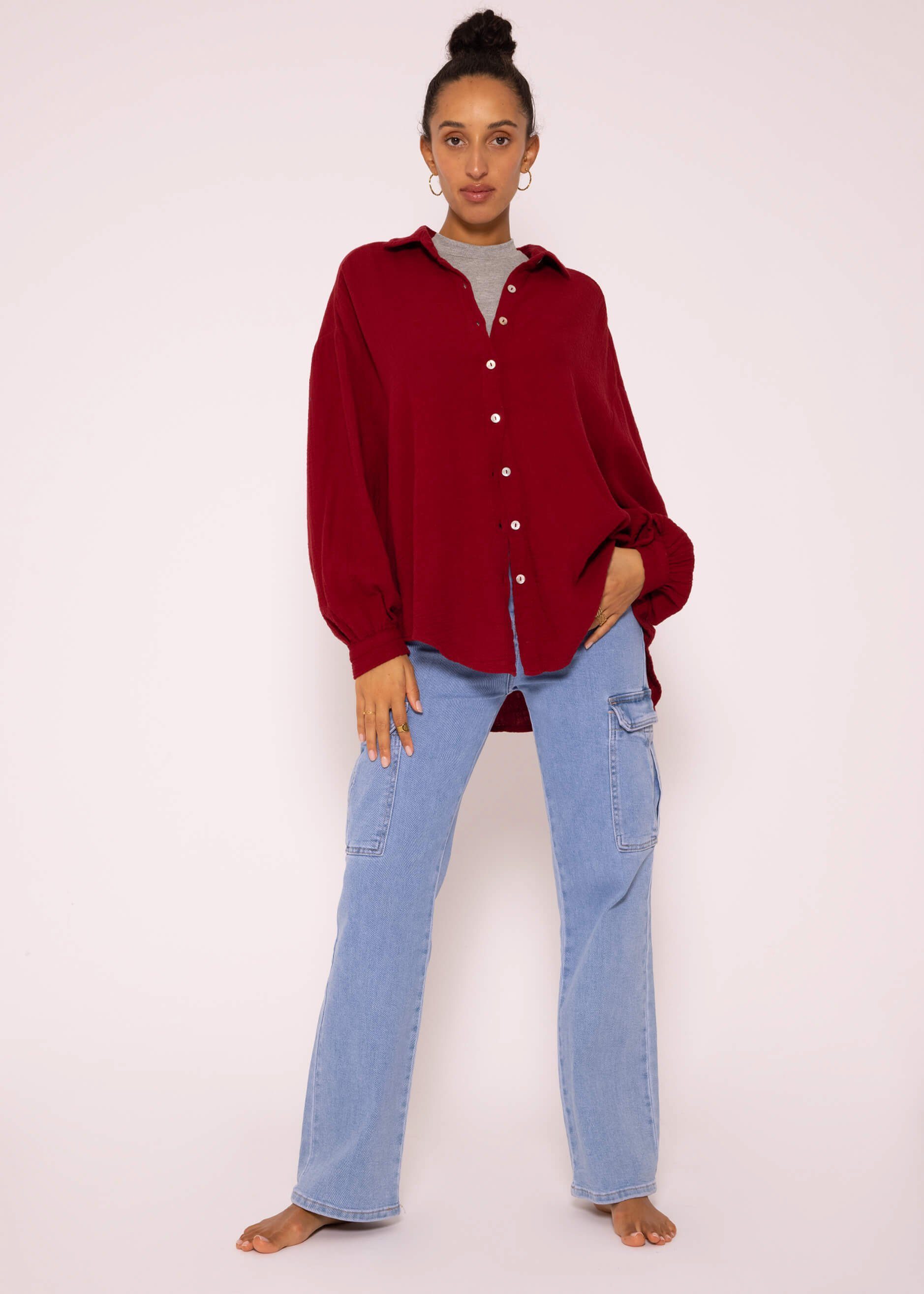 Size Bluse aus V-Ausschnitt, Baumwolle SASSYCLASSY Langarm (Gr. Oversize Musselin Longbluse mit Dunkelrot 36-48) Hemdbluse lang Damen One