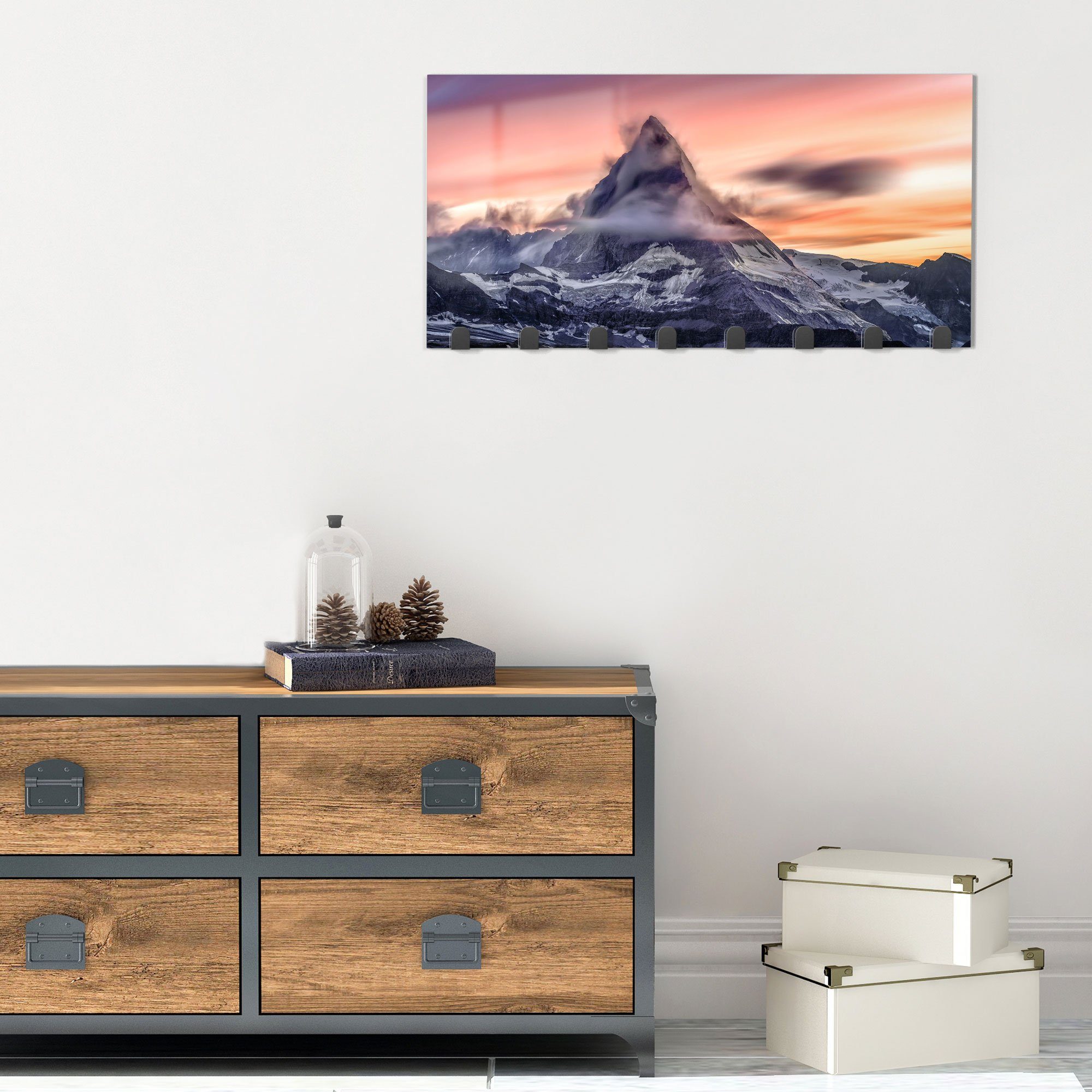 DEQORI Kleiderhaken 'Sonnenaufgang Matterhorn', Glas Garderobe Paneel magnetisch beschreibbar