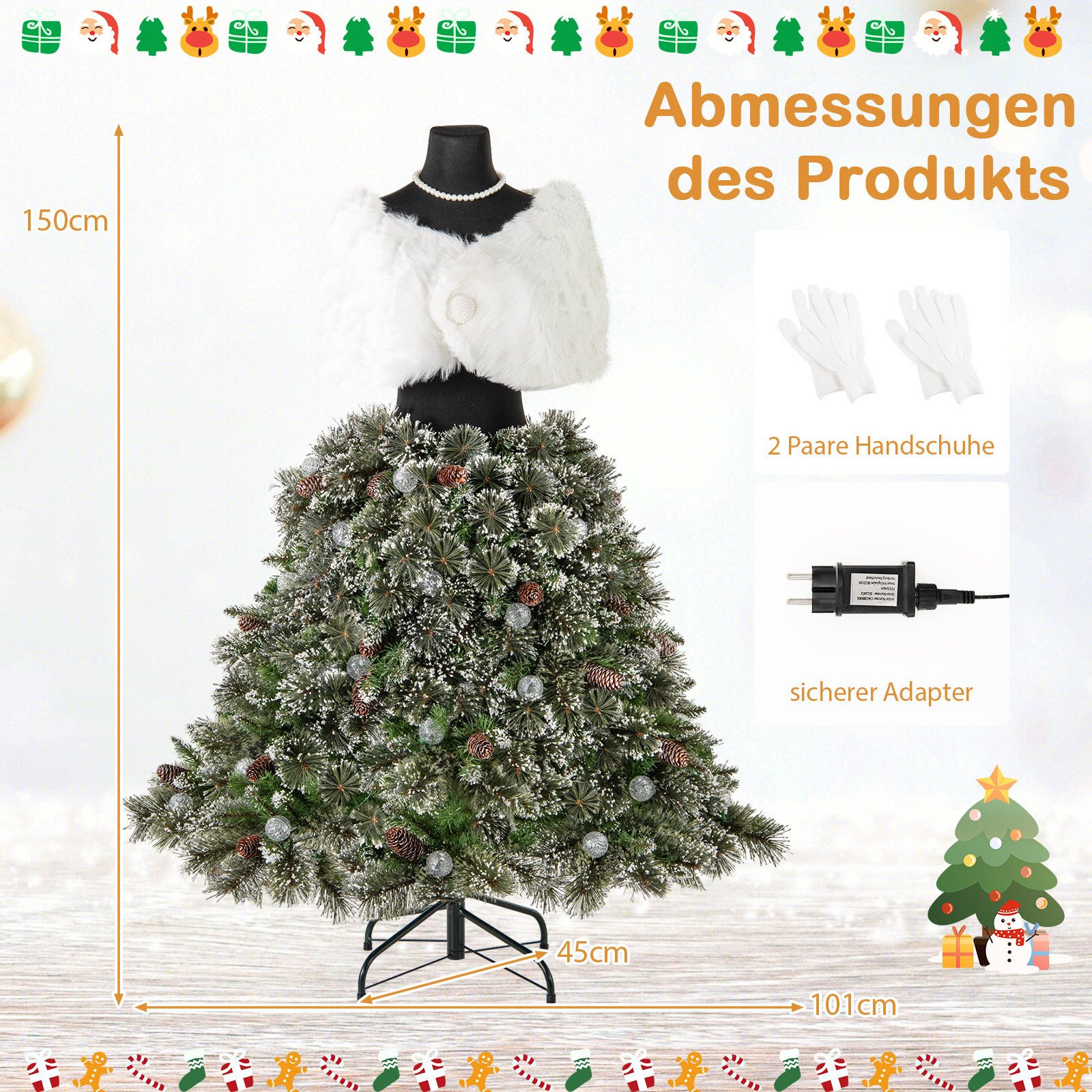 COSTWAY Künstlicher Weihnachtsbaum, 150cm, 50 LEDs, in Schneiderpuppen-Optik