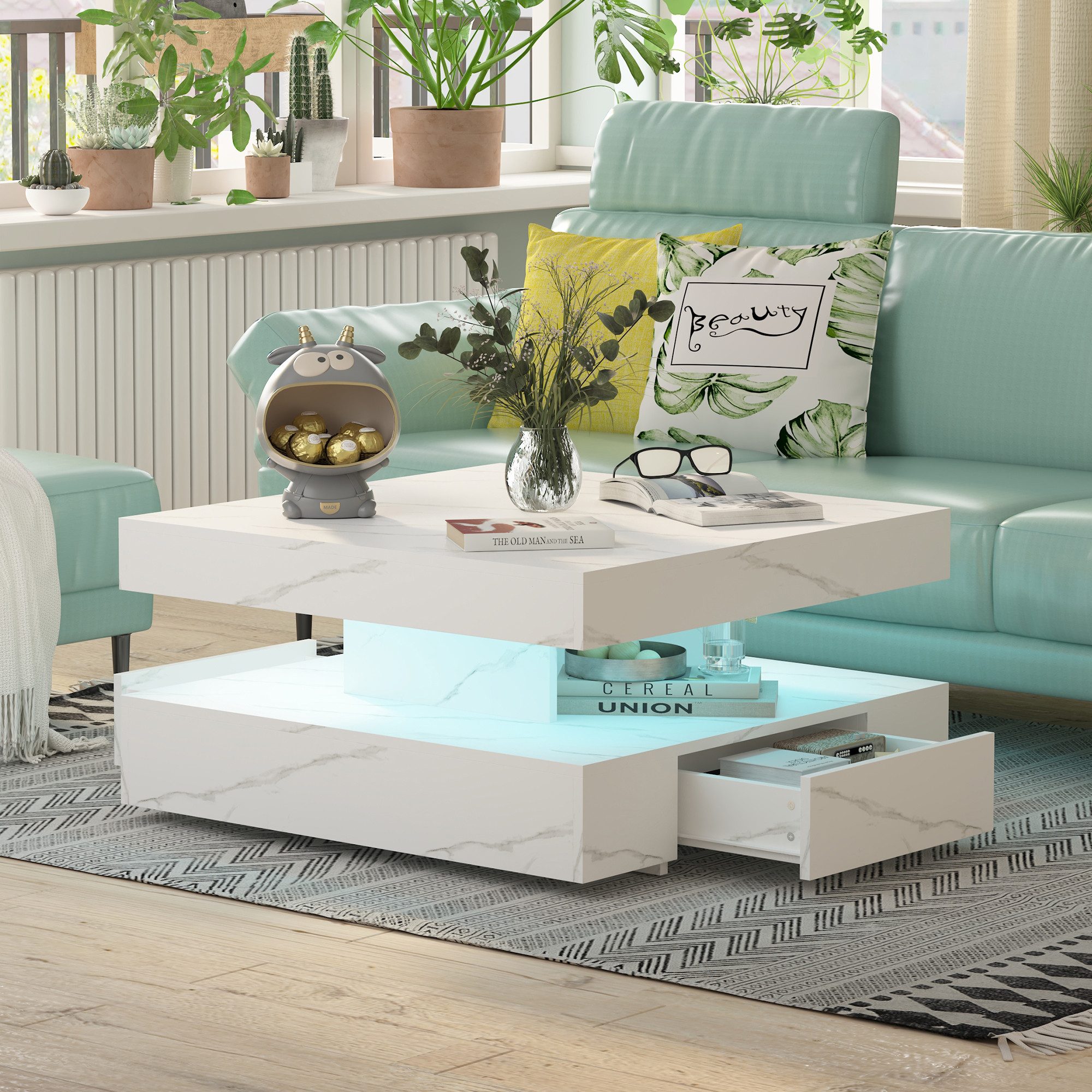 radelldar Couchtisch mit LED-Beleuchtung, 2 Schubladen und verdecktem Stauraum (1-St), Wohnzimmertisch matt 78x78x40 cm
