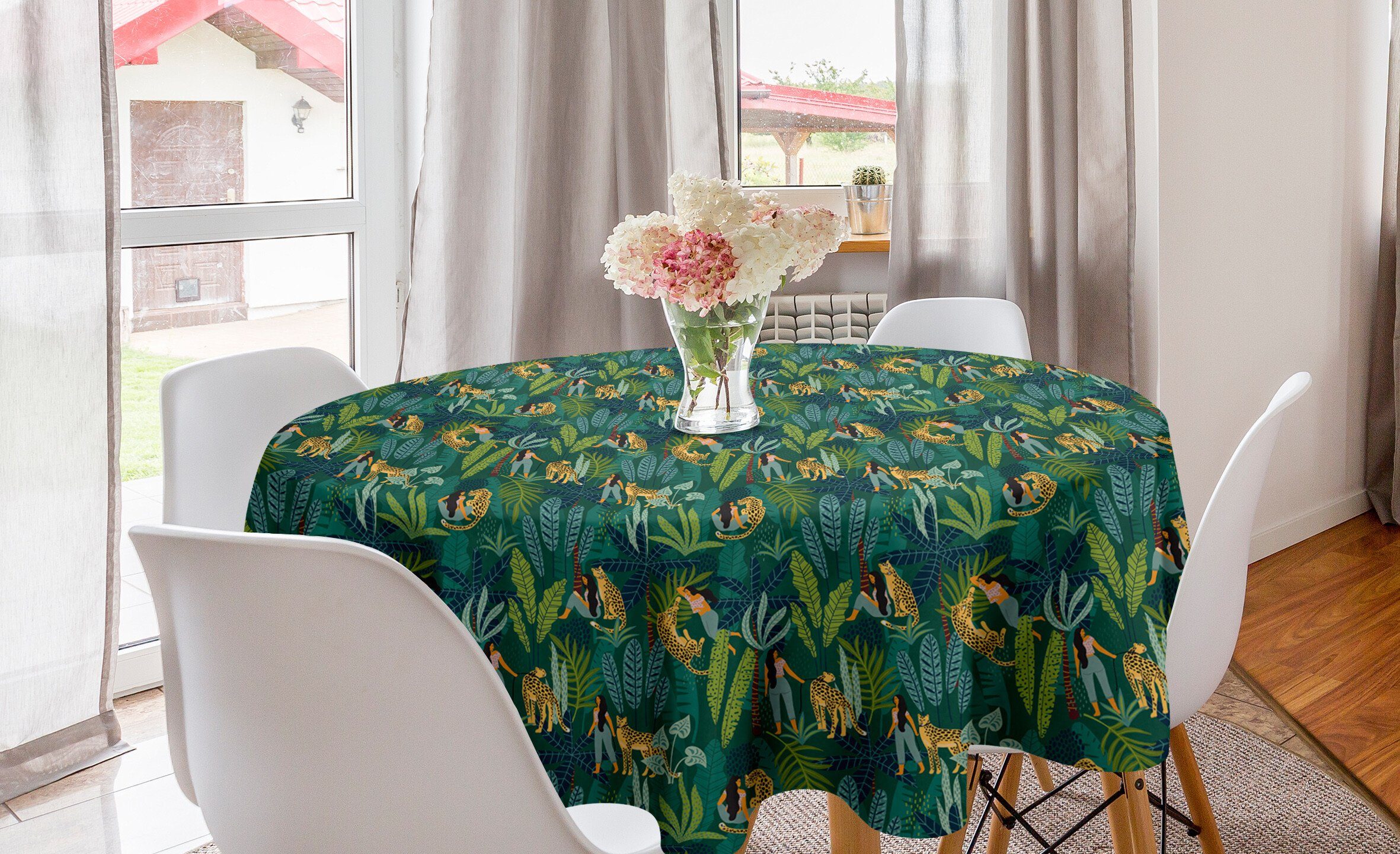 Abakuhaus Tischdecke Kreis Tischdecke Abdeckung für Esszimmer Küche Dekoration, Tierwelt Mädchen in Jungle Leopard