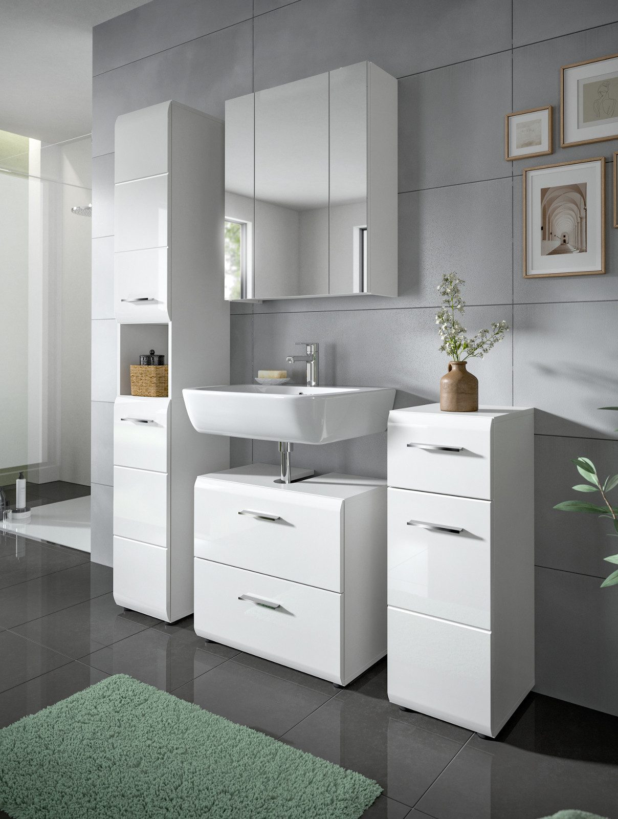 Inn.Furn Badmöbel-Set Cover, (Spar-Set 4-teilig in weiß Hochglanz, ca. 150 x 185 cm), 19 Fächer und 3 Vollauszug-Schubkästen