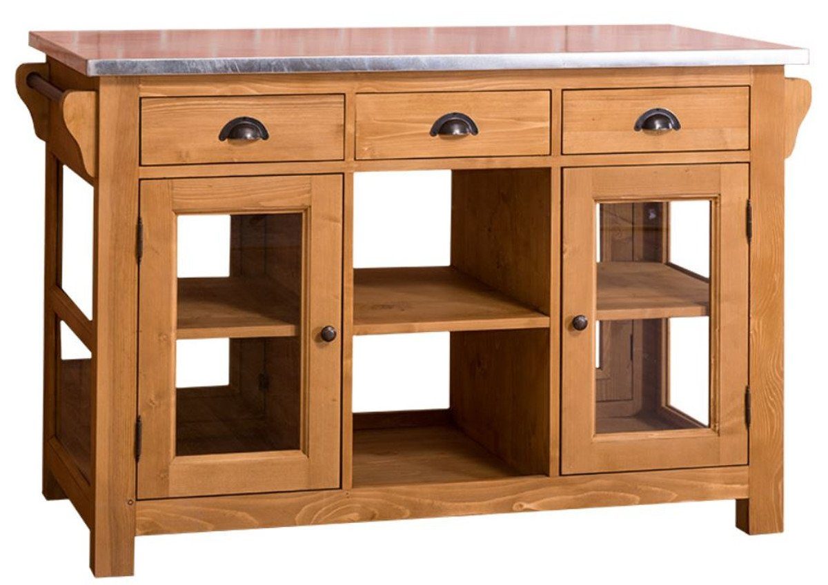 Casa Padrino Küchenbuffet Landhausstil Kücheninsel mit zerzinkter Arbeitsplatte Naturfarben / Silber 135 x 65 x H. 90 cm - Landhausstil Küchenschrank mit 4 Glastüren und 6 Schubladen | Buffetschränke