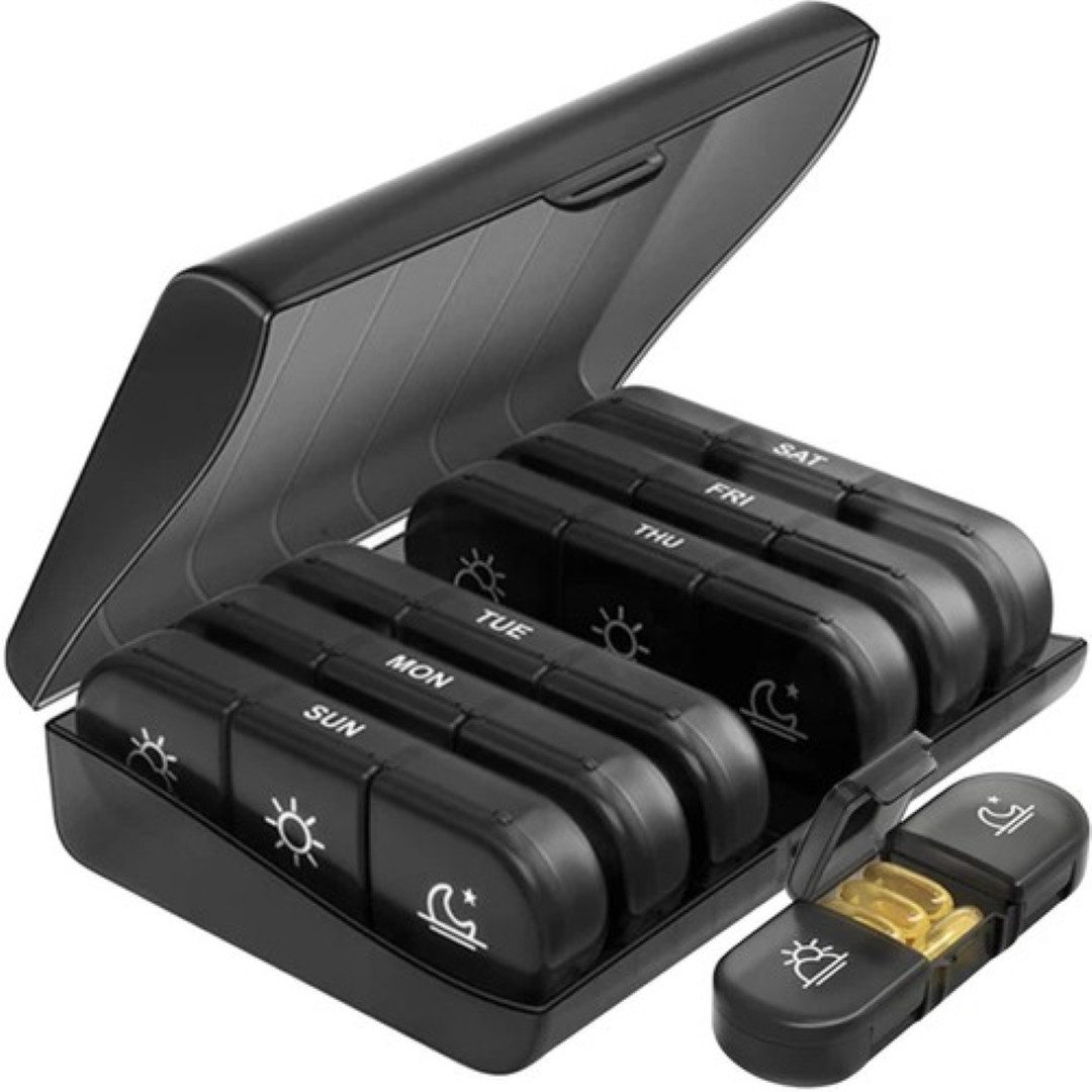 Ruhhy Pillendose Wöchentlicher Medikamenten-Organizer mit 3 Tageszeiten, schwarz (Wöchentlicher Medikamenten-Organizer für präzise Tagesplanung., 7 Behälter für jede Tageszeit; kompakte und praktische Größe), Transparente Fächer für einfache Übersicht; sichere Klickverschlüsse.