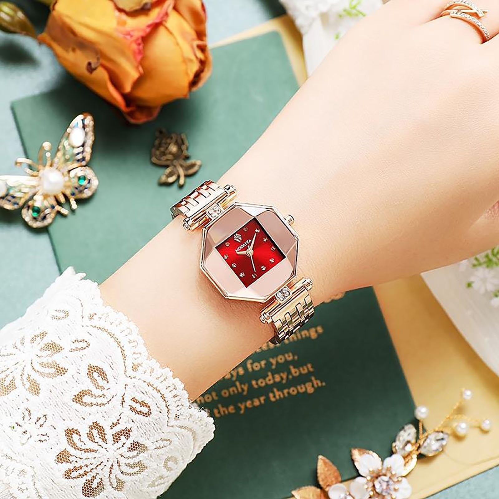 Damenuhr einstellbar wasserdicht Shi-Platz Vielseitig dünn Rot Mode Strasssteine Armband) Damen-Armbanduhr-Set, Multifunktionsuhr (Ultra Mosaik, Edelstahl betrachten Rutaqian Hao