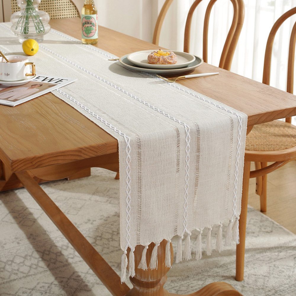 NUODWELL Tischläufer Boho Creme Landhausstil Quasten Tischläufer, Waschbar günstig online kaufen