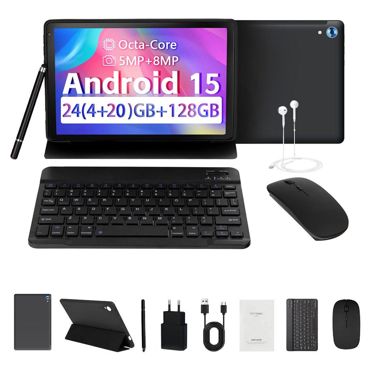 Happybe 10,1 Zoll Android 15 24GB RAM 128GB mit Tastatur Maus Stylus Hülle Set Tablet (10", 128 GB, Android, WiFi 6, Android 15, 1280×800 HD mit Blaulichtfilter für HD-Streaming)