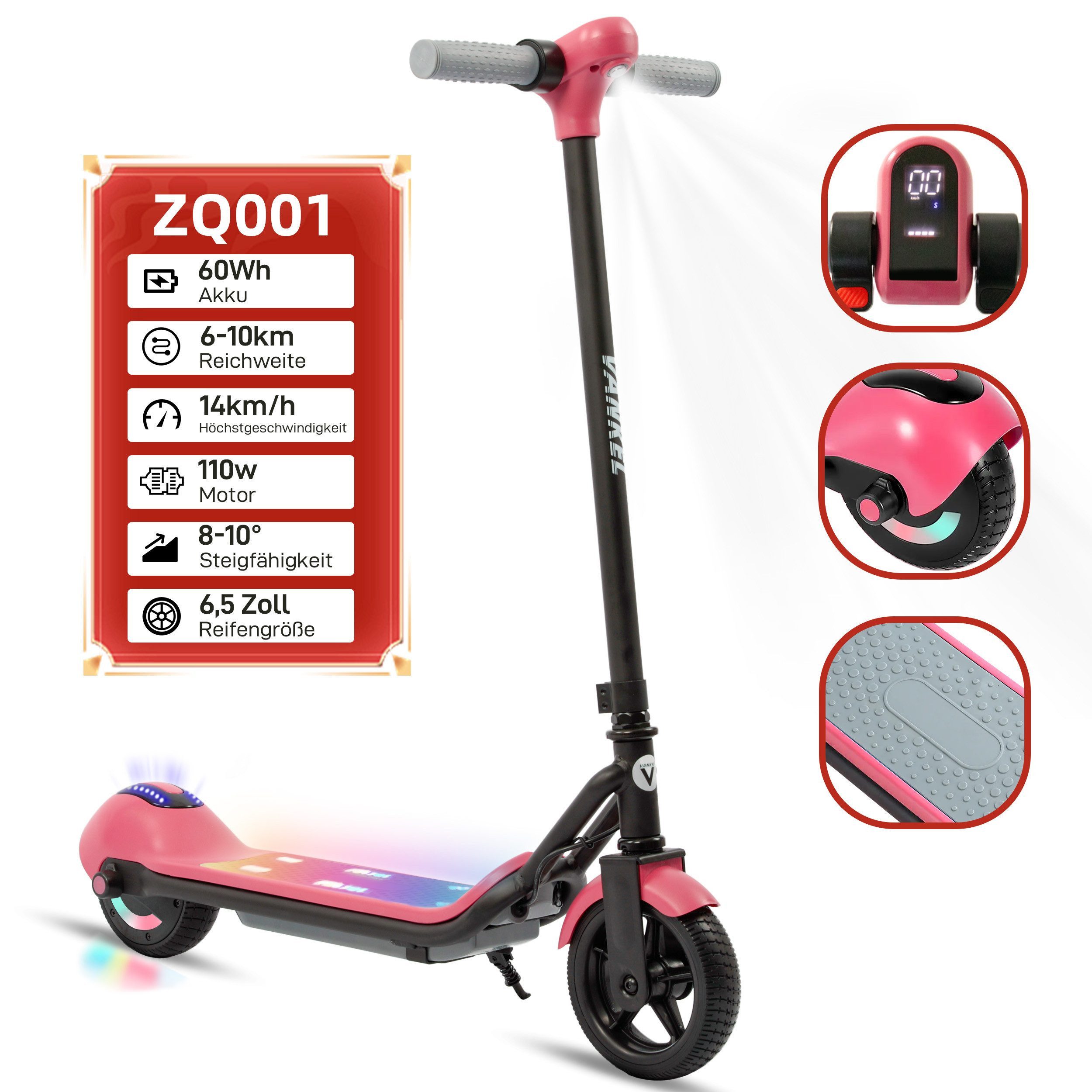 Vankel Elektro-Kinderroller E Scooter Kinder, ab 6 Jahren, 14km/h, Bunte LED-Lichter, Belastbarkeit 50 kg, mit Bluetooth, E-Bremse, 10km Rechweite