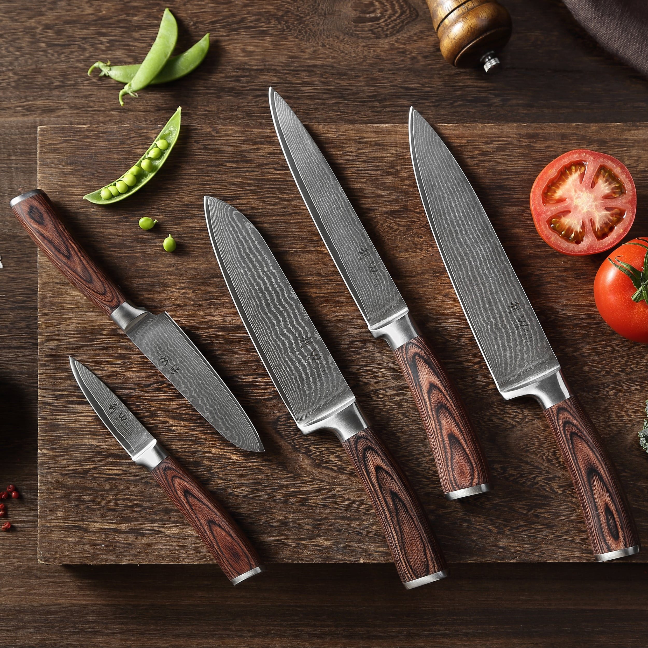 Wakoli Messer-Set Edib 5er Damastmesserset I Kochmesser Küchenmesser I 8 - 20cm Klingen (Damastmesser mit Geschenkbox, 5-tlg., 5er Damastmesser mit Holzbox), Aus 67 Lagen Damaststahl, VG10 Kern, Pakkaholzgriff, inkl. Holzbox