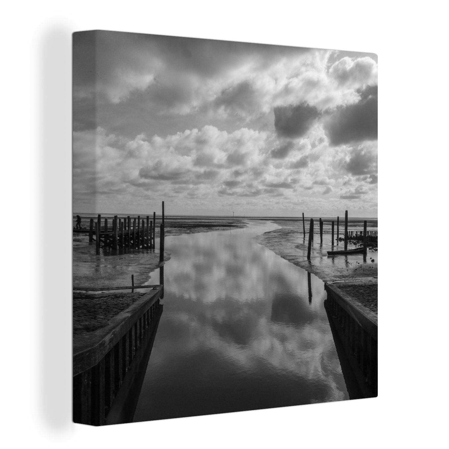OneMillionCanvasses® Leinwandbild Wattenmeer - Schwarz - Weiß - Wolken, (1 St), Leinwand Bilder für Wohnzimmer Schlafzimmer