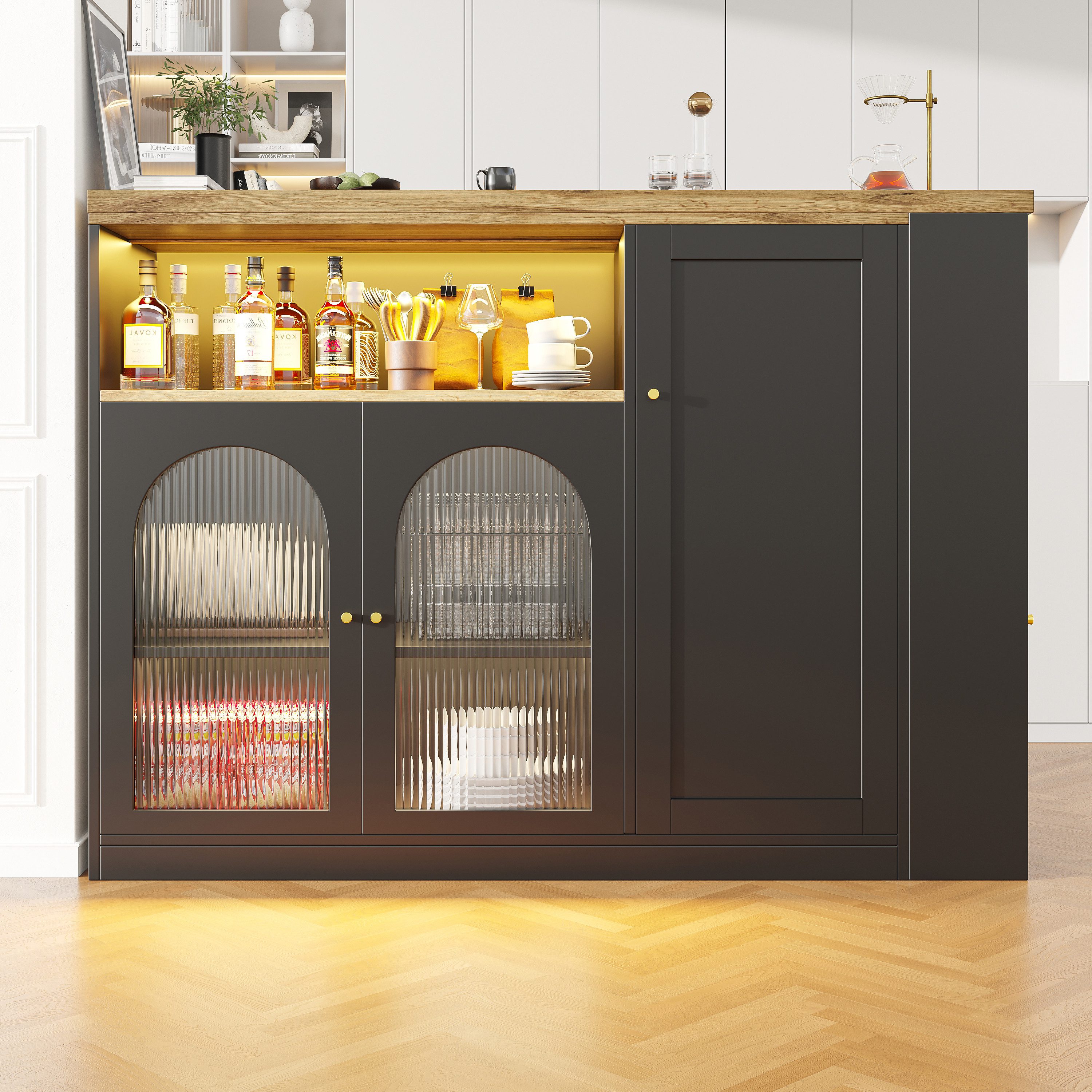 Flieks Bartisch Breite 120-197 cm Tischplatte schwarz (Set, 2-St., mit LED-Lichtleisten, 360° Drehung), ausziehbar Stehtisch drehbar Sideboard Esstisch mit Stauraum Anricht