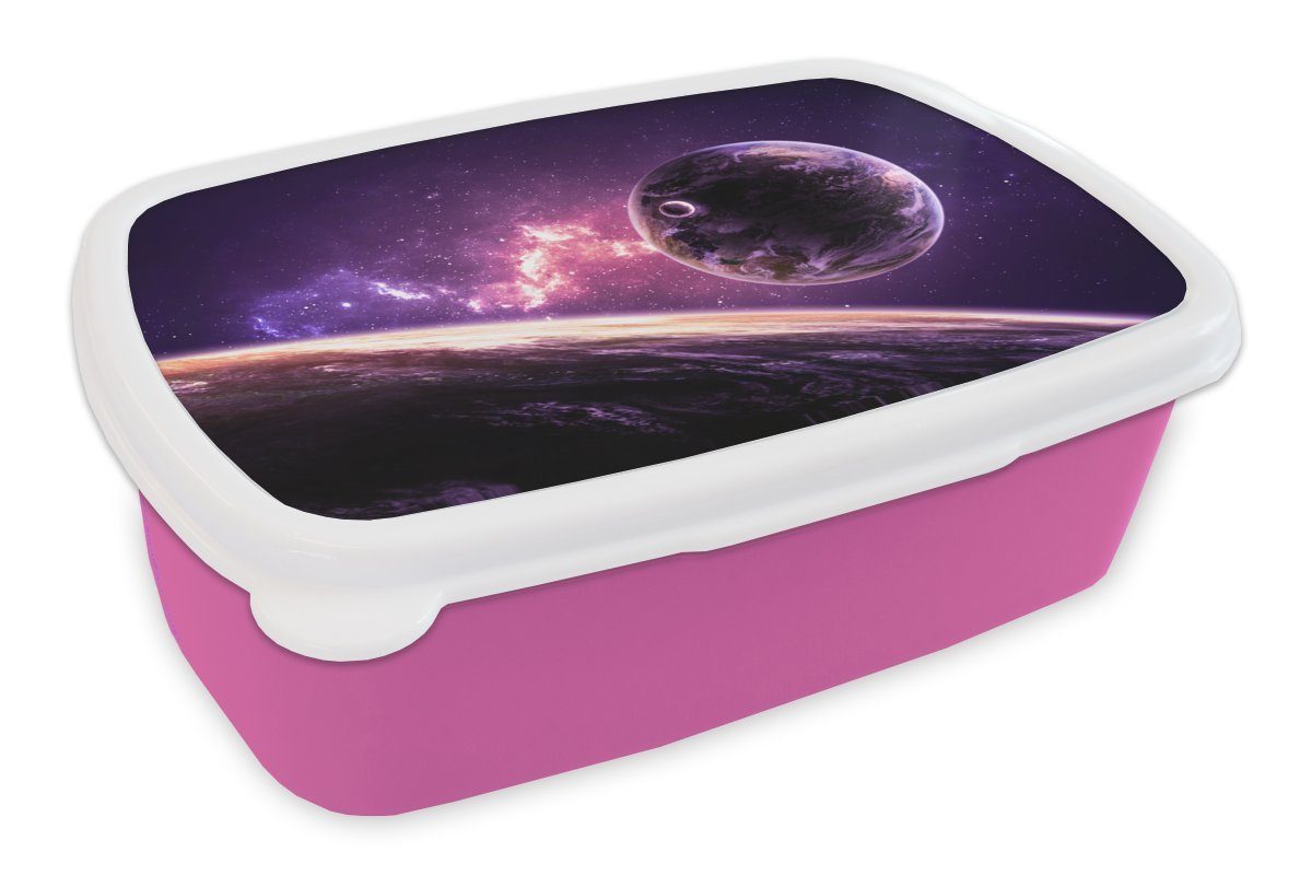 MuchoWow Lunchbox Planeten - Weltraum - Sterne, Kunststoff, (2-tlg), Brotbox für Erwachsene, Brotdose Kinder, Snackbox, Mädchen, Kunststoff rosa