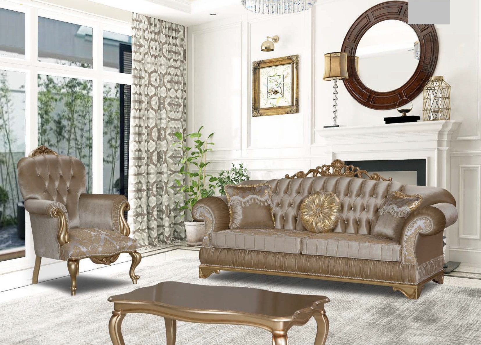 JVmoebel Chesterfield-Sofa Elegantes Chesterfield Sofa mit Polstersessel und Couchtisch in Gold, Set 3 Teile, Made in Europa