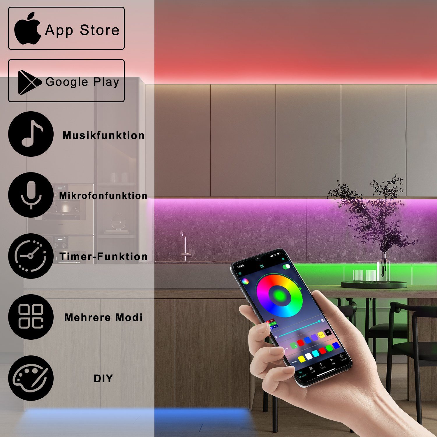 App, und Fernbedienung 10m Timer-Funktion Stripe Bänder RGB Dimmbarmit LED Nettlife Musikfunktion, Selbstklebend