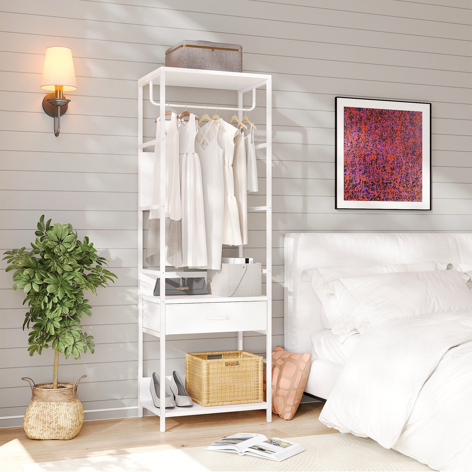 VOWNER Garderobenständer mit Sitzbank, Schublade & Kleiderstange, schmaler Flurgarderobe, (1 St), moderner Kleiderständer mit 1 Schublade & stabiles Schuhregal