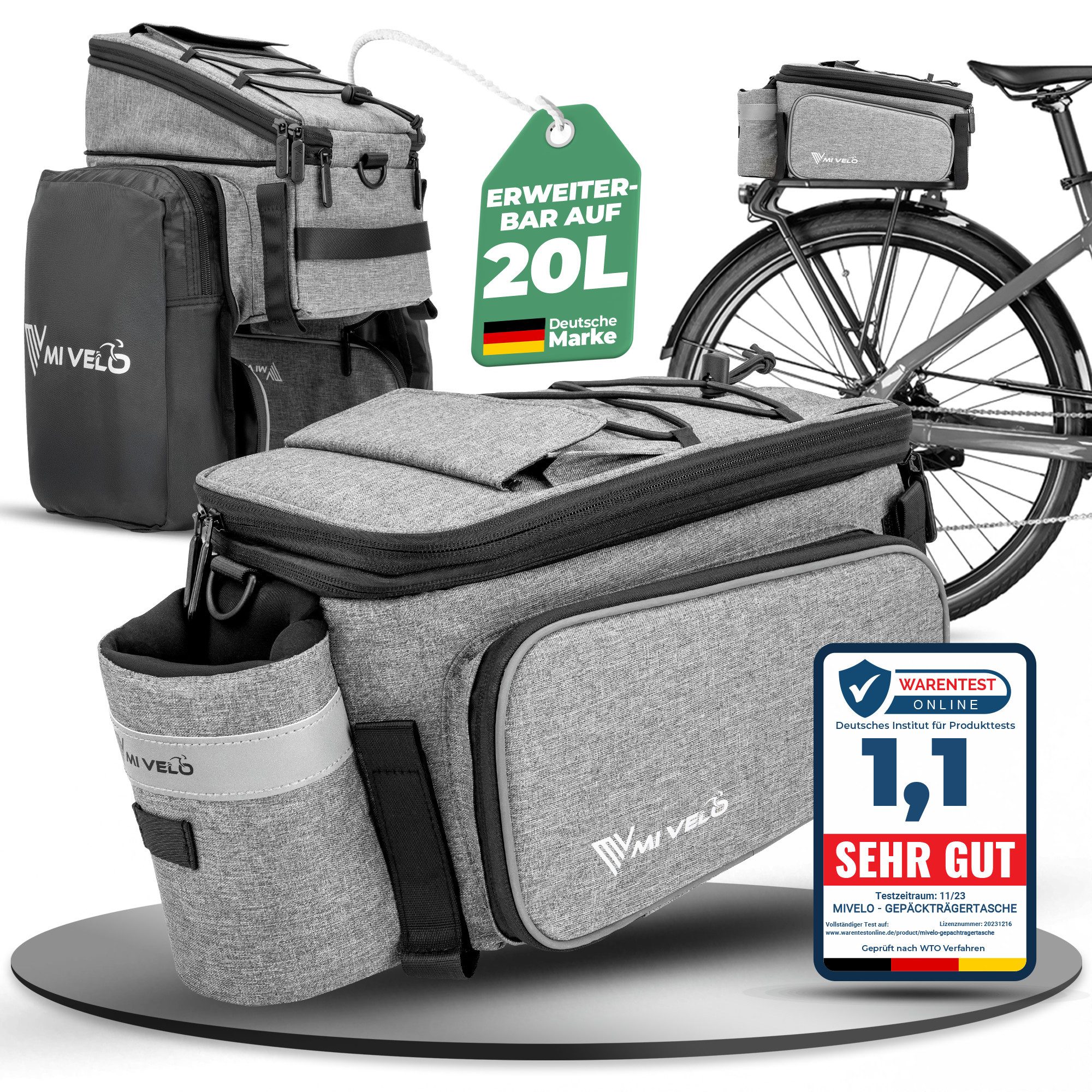MIVELO Fahrradtasche Gepäckträgertasche für Fahrrad Gepäckträger erweiterbar bis 20L, wasserabweisend