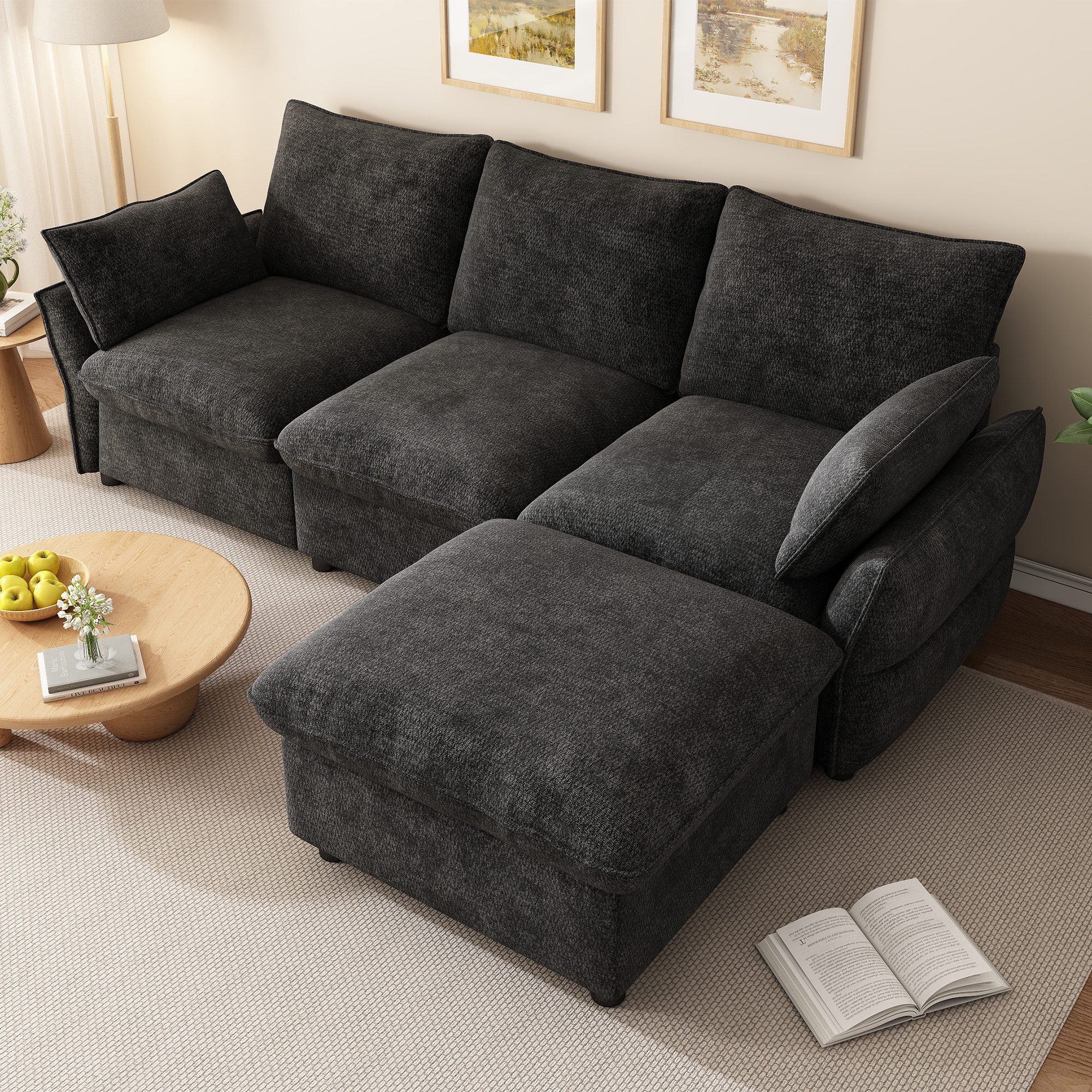 i@home Ecksofa Moderner Ecksofa mit 1 Hocker, 3-Sitzer Sofa aus Chenille, geeignet für Wohnzimmer, Apartment, Schwarz, 222,5 × 154,5 × 76,5 cm