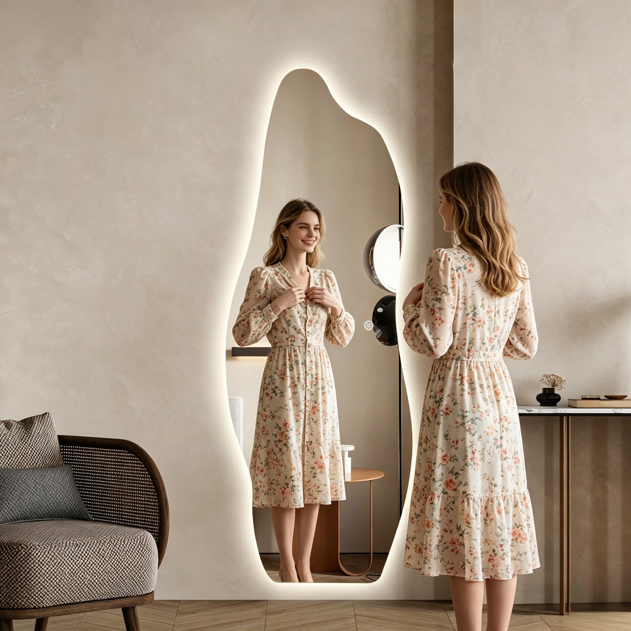 WDWRITTI Ganzkörperspiegel Rahmenlos LED Ganzkörperspiegel Wandspiegel groß asymmetrisch (Flurspiegel Modern mit 3Lichtfarben, Dimmbar, Speicherfunktion, 165x60cm), für Wohnzimmer Schlafzimmer Garderobe Flur Friseurladen