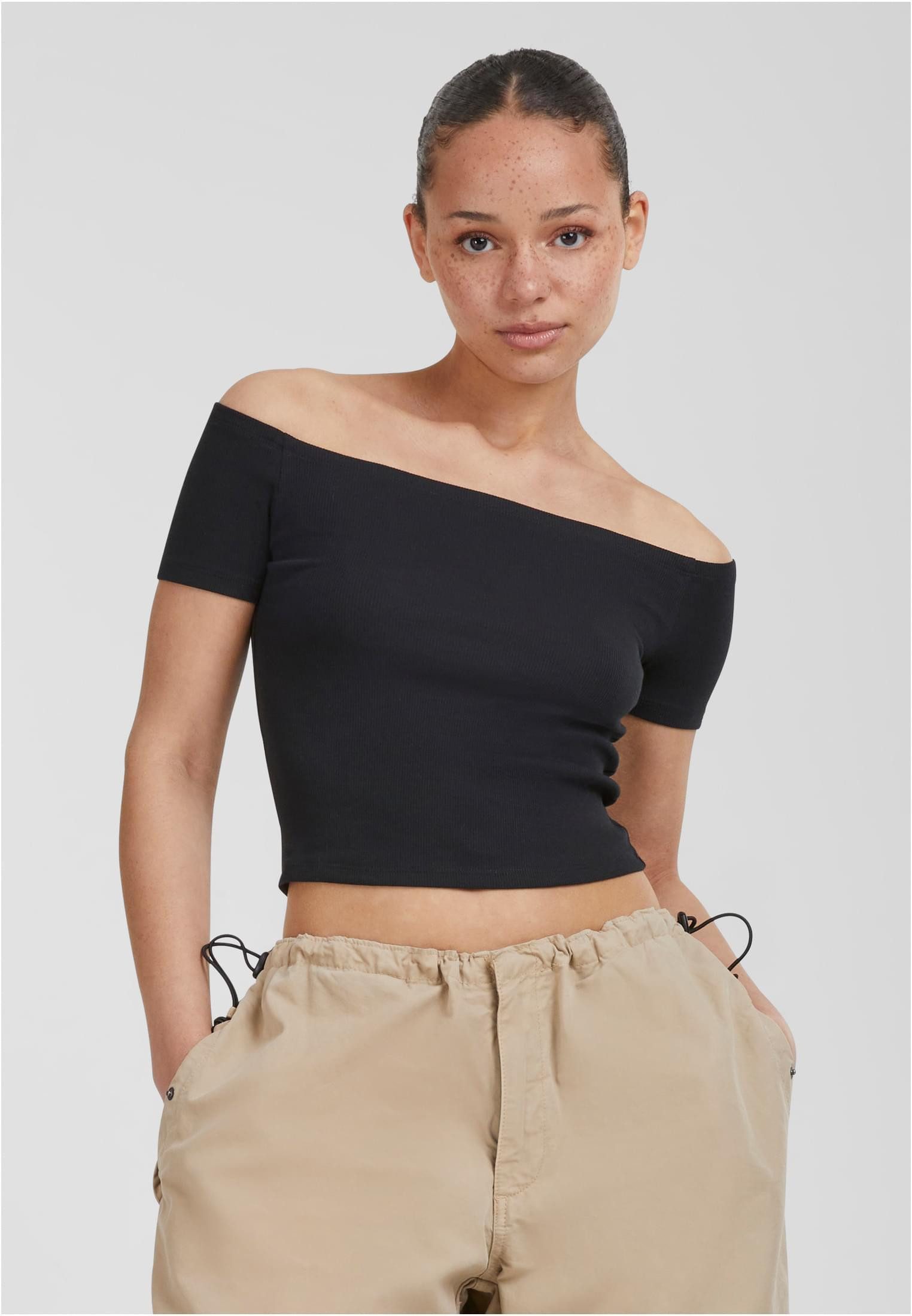 URBAN CLASSICS Rundhalsshirt Ladies Organic Off Shoulder Rib Tee Damen T-Shirt