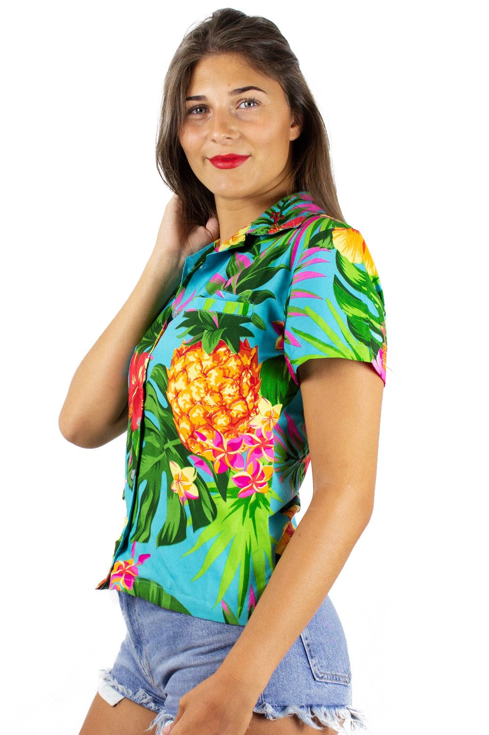 King Kameha Hawaiihemd Pineapple Funky Hawaiibluse Damen Kurzarm Front-Tasche Stylish