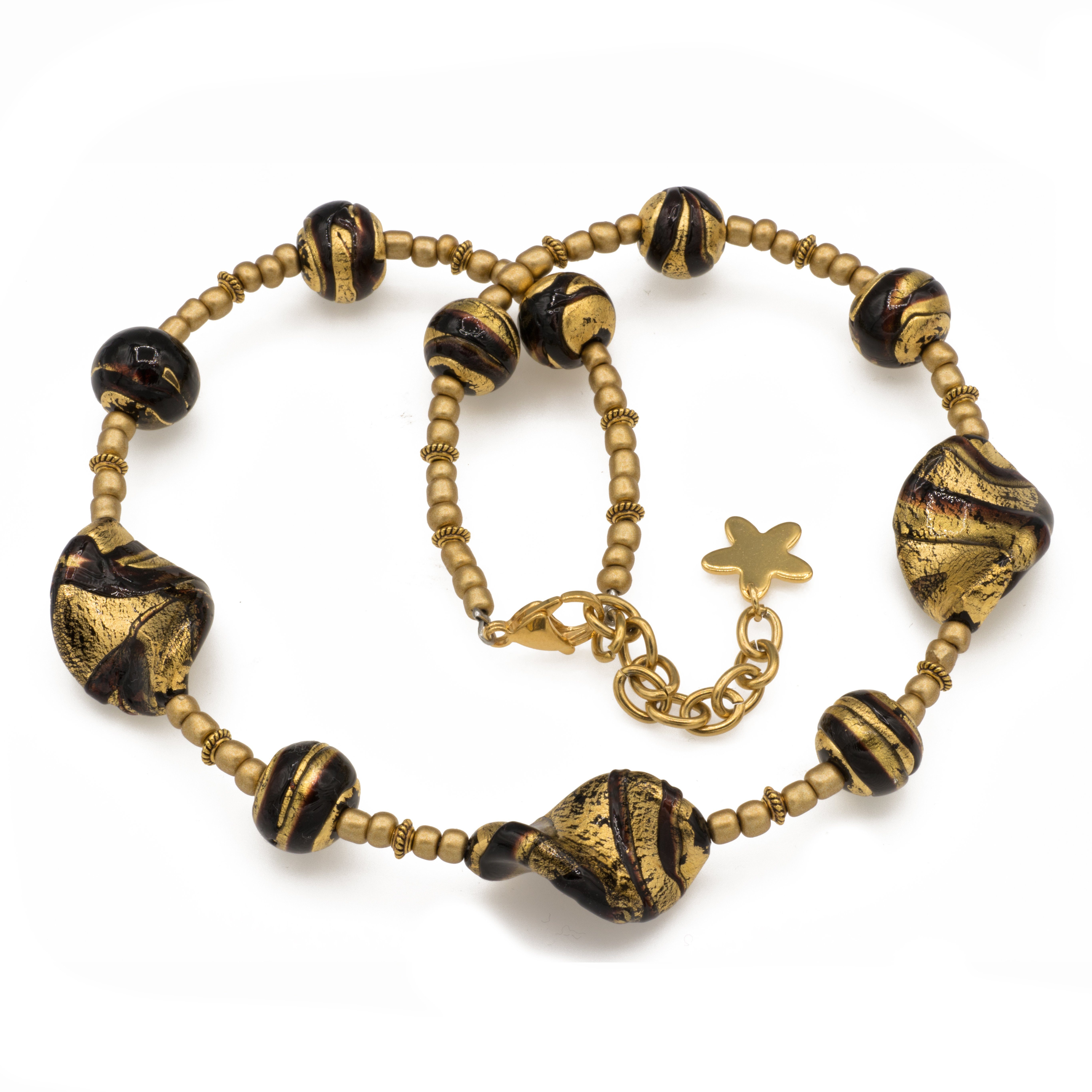 Bella Carina Perlenkette Kette mit echtem Murano Glas mit Goldfolie schwarz gold, echte Murano Glas Perlen