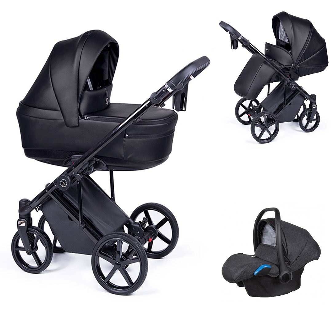 babies-on-wheels Kombi-Kinderwagen 3 in 1 Kinderwagen-Set Fado Eco - 15 Teile - in 21 Designs Schwarz = Gestell schwarz