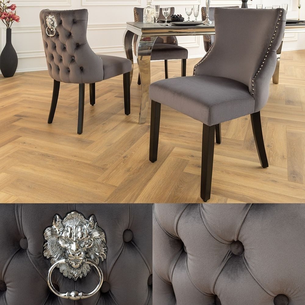 LebensWohnArt Stuhl Edler Stuhl LEON Samt grau Löwenkopf Nieten Chesterfield – Bild 2 von 5