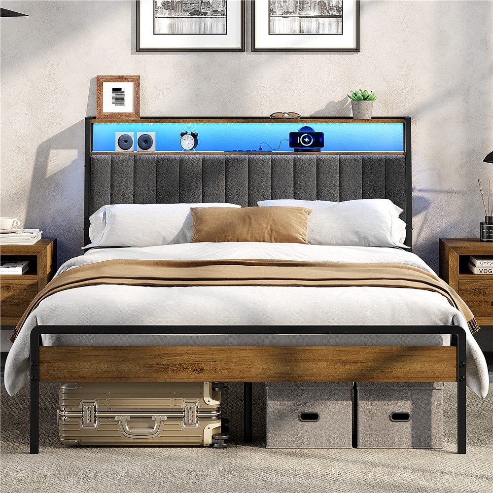 Yaheetech Bettgestell mit Ladestation & LED-Beleuchtung & Gepolstertem Kopfteil, Metallbett mit 2 Ablagen, 90/140 cm (B)