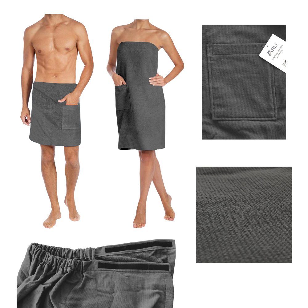 ARLI Saunatuch Saunakilt Damen + Herren Set Saunatuch Saunahandtuch Baumwolle Anthrazit Gummizug Tasche Klettverschluss praktisch individuell anpassbare Розмір Sauna Sarong Kilt Wellness Hamam Mann Frau, (1-St)