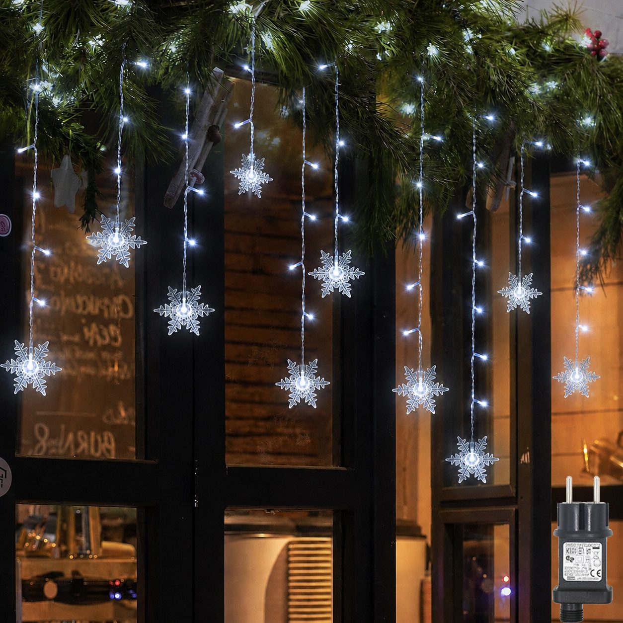SERBASIC Lichtervorhang LED Schneeflocke Lichterkette, mit 8 Modi und Speicherfunktion, Timer, für Außen Weihnachten, Hochzeit, Balkon, Große Schneeflocke