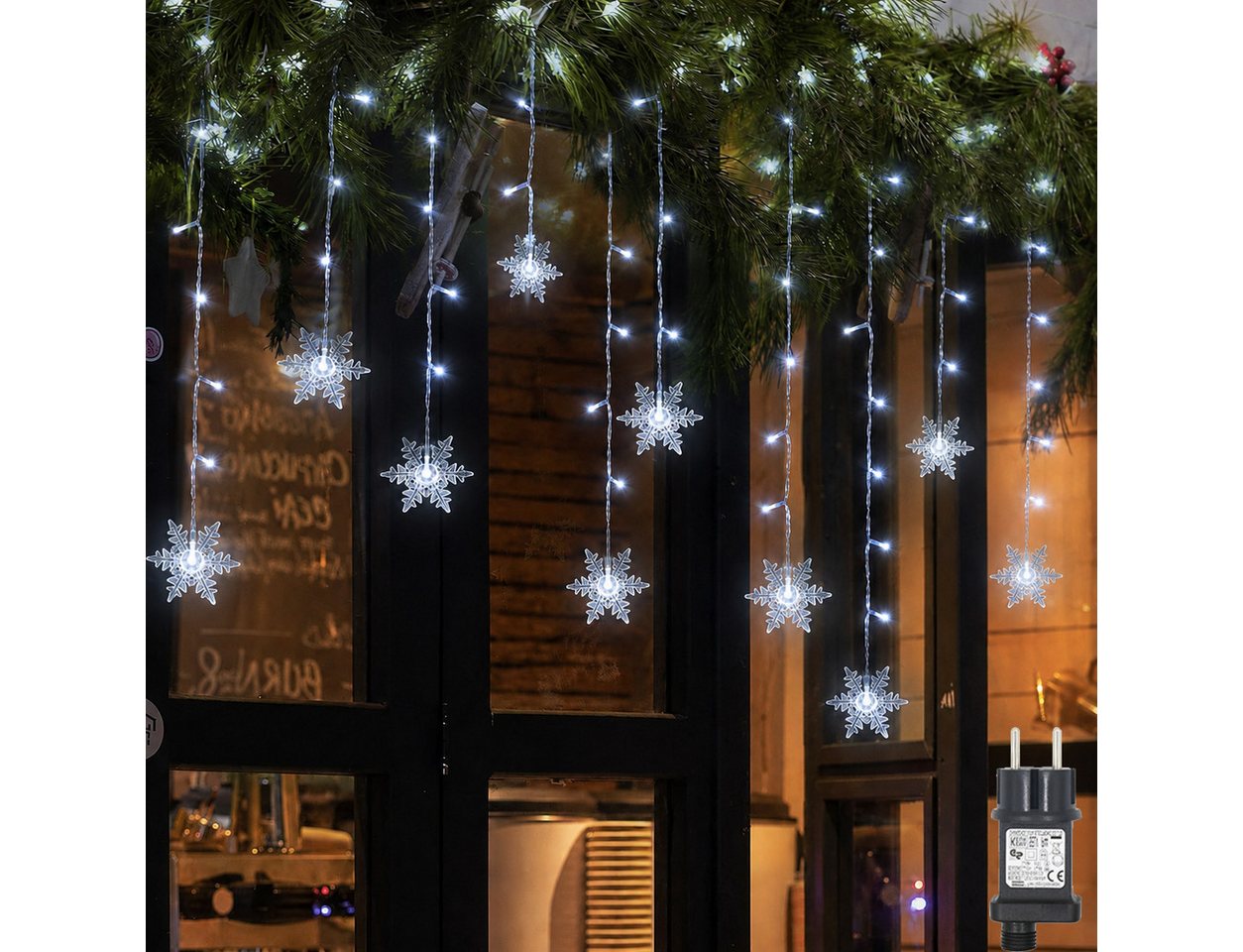SERBASIC Lichtervorhang LED Schneeflocke Lichterkette, mit 8 Modi und Speicherfunktion, Timer, für Außen Weihnachten, Hochzeit, Balkon, Große Schneeflocke