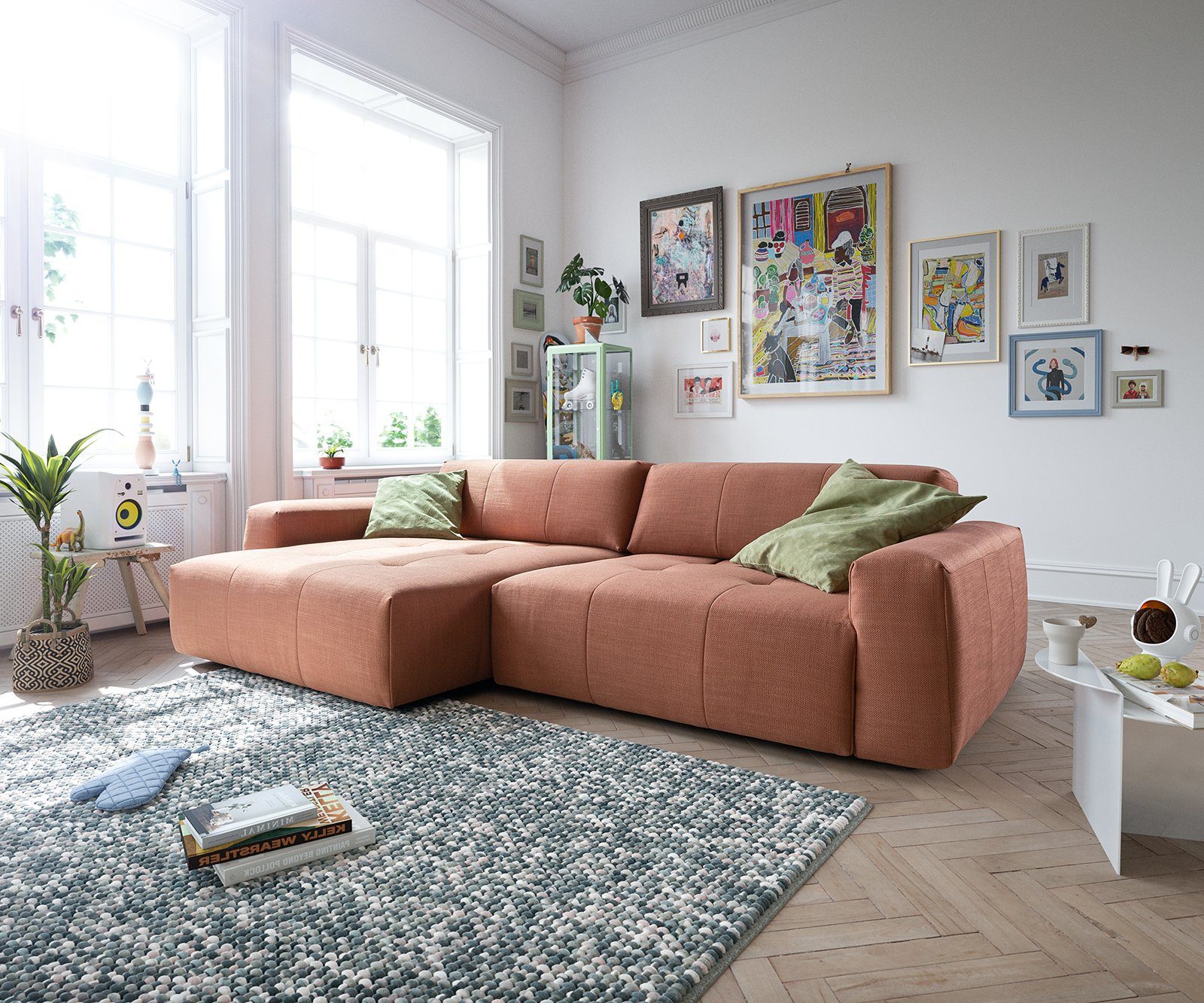 DELIFE Ecksofa Lazaro, Flachgewebe Orange 300x160 cm Ottomane li. mit Tiefenverstellung